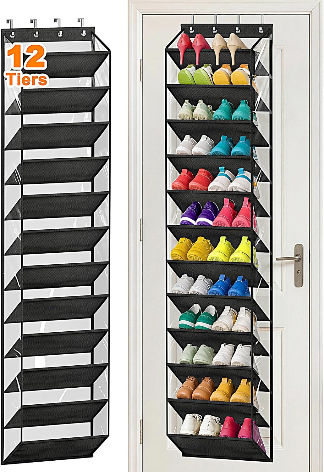 MISSLO 36 Pairs Clear Over the Door Shoe Organizer Closet Hanging Shoe Rack for Door with Large Deep Pockets Shoes Hanger Holder for Sneakers, Boots, Heels Storage (Black)