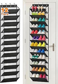 MISSLO 36 Pairs Clear Over the Door Shoe Organizer Closet Hanging Shoe Rack for Door with Large Deep Pockets Shoes Hanger Holder for Sneakers, Boots, Heels Storage Black