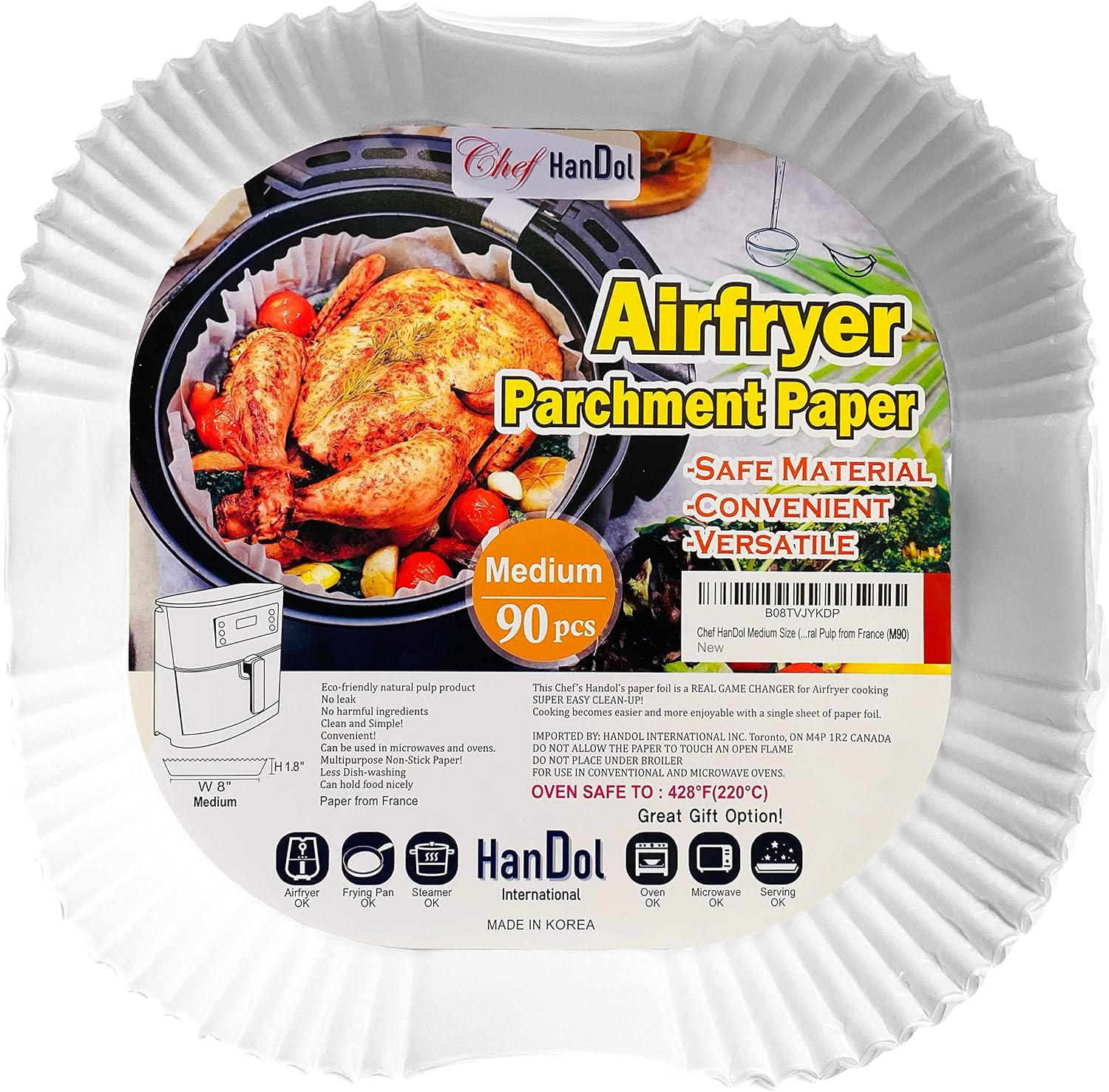 Chef HanDol Air Fryer Parchment Liner, Multipurpose Non-Stick Parchment Paper, Baking, Roasting, Frying, Air Fryer, Microwave, Oven, Steamer (Medium - 90 pcs)