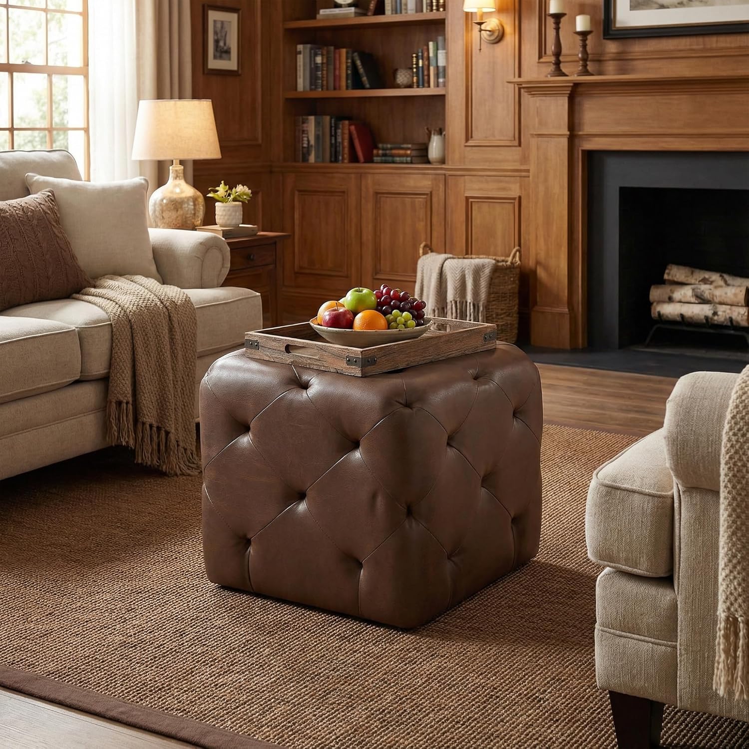 19 Inch Square Tufted Ottoman Upholstered Footstool Cube Pouf with Button Tufting for Living Room, Bedroom