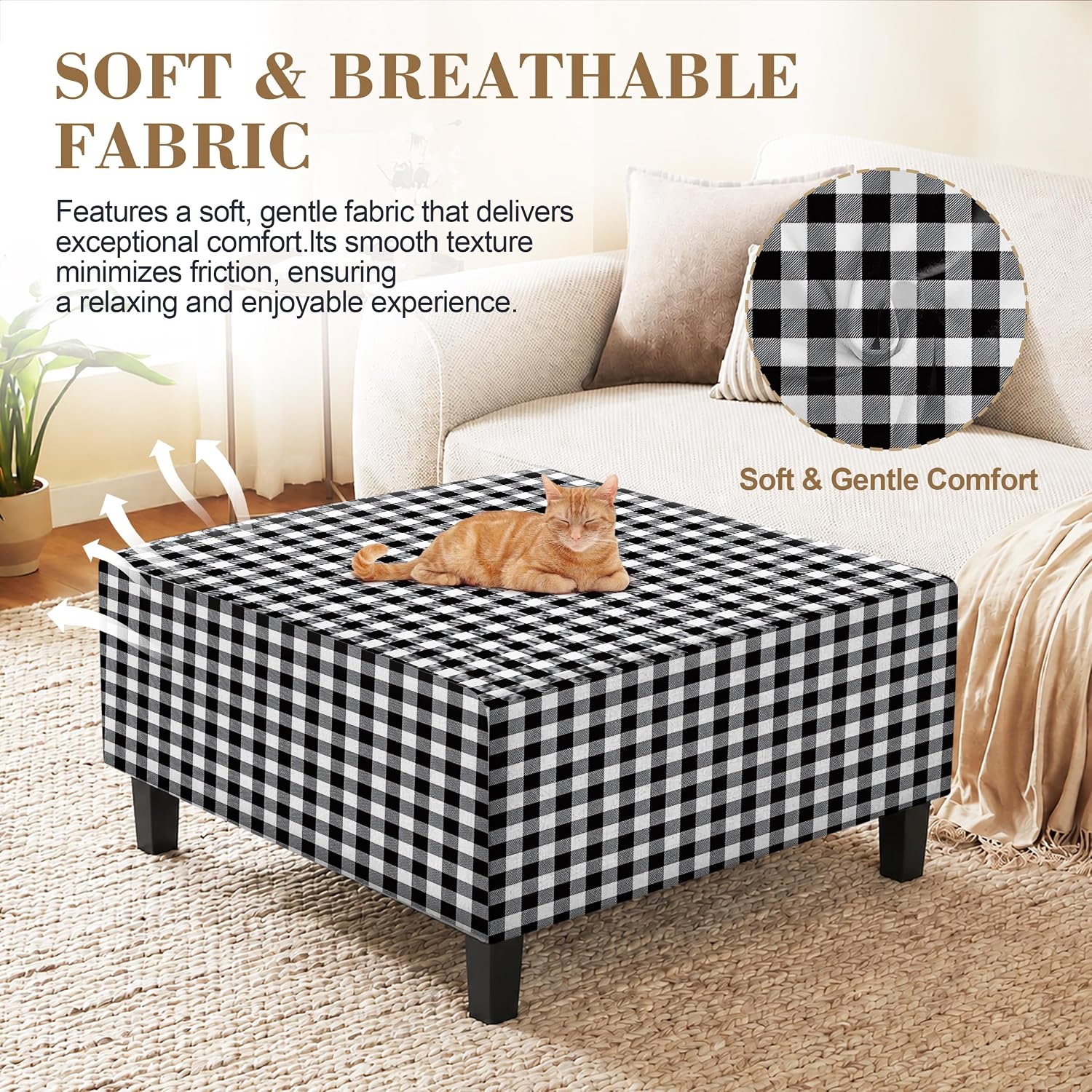 Buffalo Plaid Square Ottoman Cover - Washable Footstool Slipcover,M