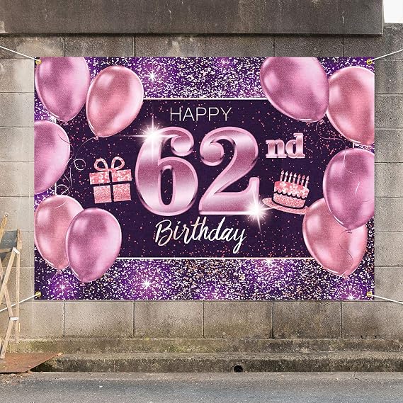 Happy 62nd Birthday Banner Backdrop - 62 Birthday Party Decorations Supplies for Women - Pink Purple Gold 4 x 6ft