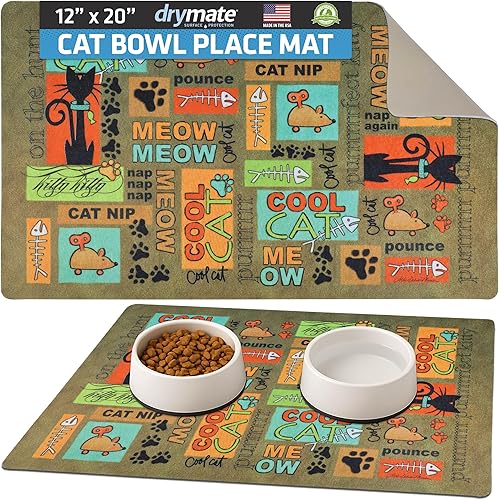 Drymate Mantel individual con cuenco para gatos, tapete de alimentación de alimentos para mascotas, tela absorbente, parte trasera impermeable,