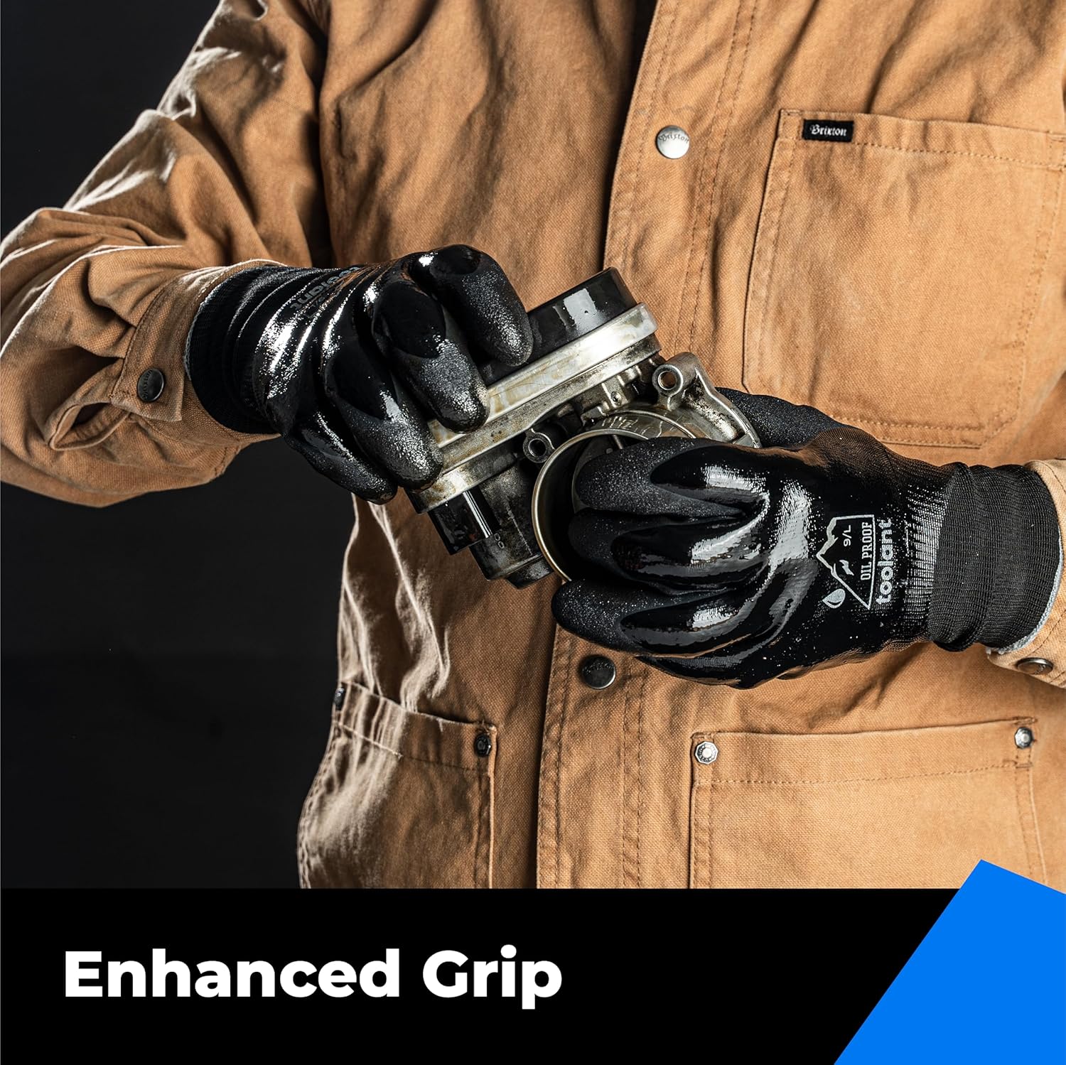 toolant Waterproof Gloves for Men and Women, Freezer Gloves with Grip, Double Nitrile Dipped for Extreme Oil Repellent, for Construction, Mechanics, Mining, Plumbing, Black, Medium