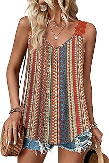 Tank Tops for Women Spring Fashion Sleeveless V Neck Lace Tops Flower Flowy Summer Outfits Beach Vacation Clothes