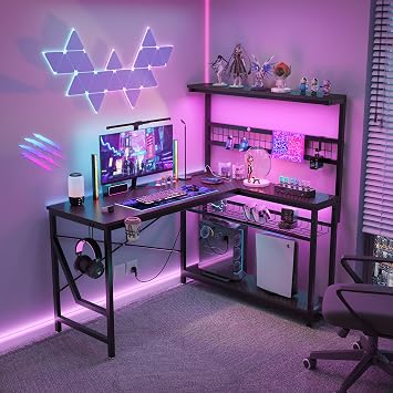 Bestier 42 L Gaming Desk,Computer Desk with Power Outlets, LED Lights, Reversible Corner Desk with 4-Tier Shelves,Cup Holder & Hook Black Marble