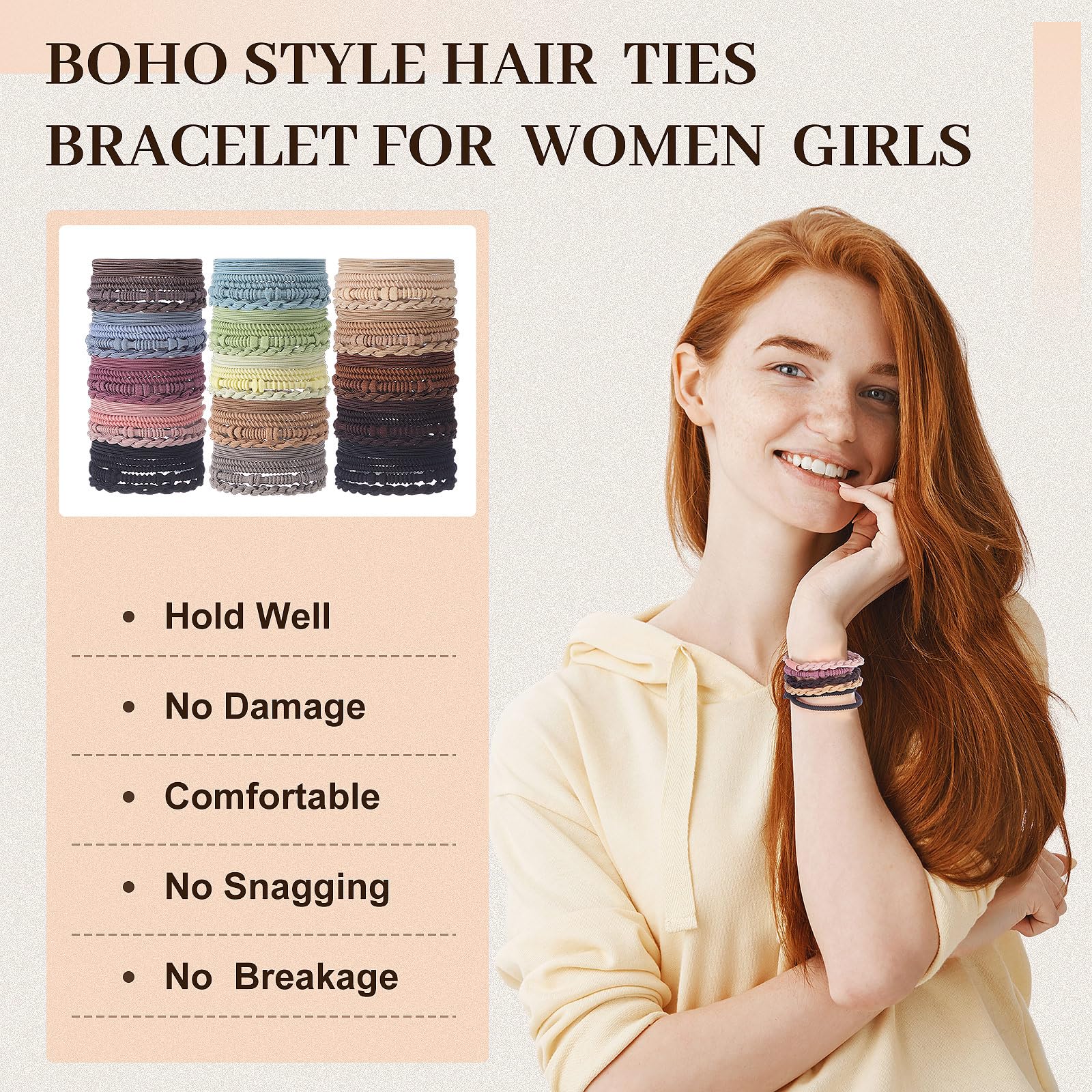 Boho-Haargummi-Armbänder für Damen, 5,9 cm, Boho-Stil, elastisch, Pferdeschwanz-Halter für dicke, dünne, lockige, weiche Haar-Accessoires, 120 Stück