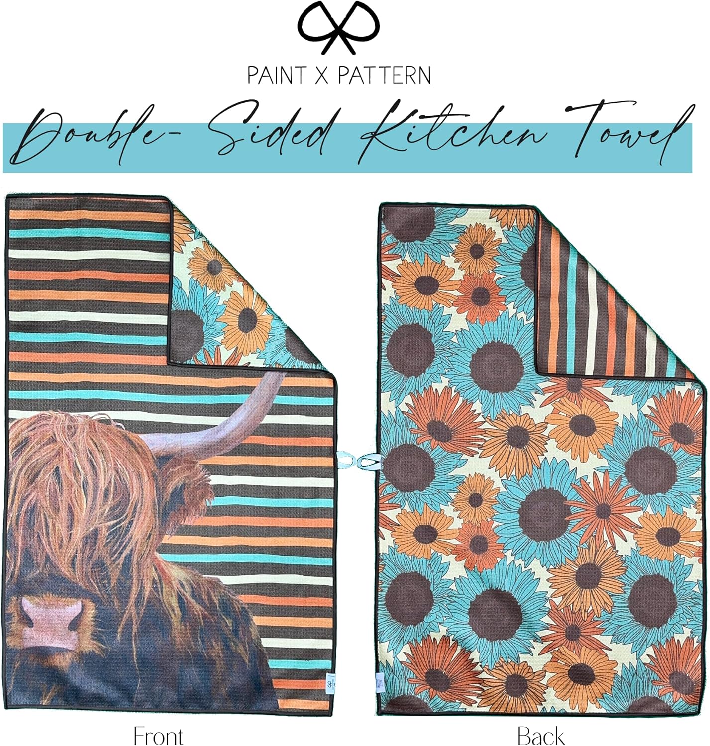 Double Sided Microfiber Waffle Kitchen Tea Towel - Quick Dry Ultra Absorbant 20 x 30 inches, Cute Critters, Multiple Colors, (Highland Cow Sunflowers)