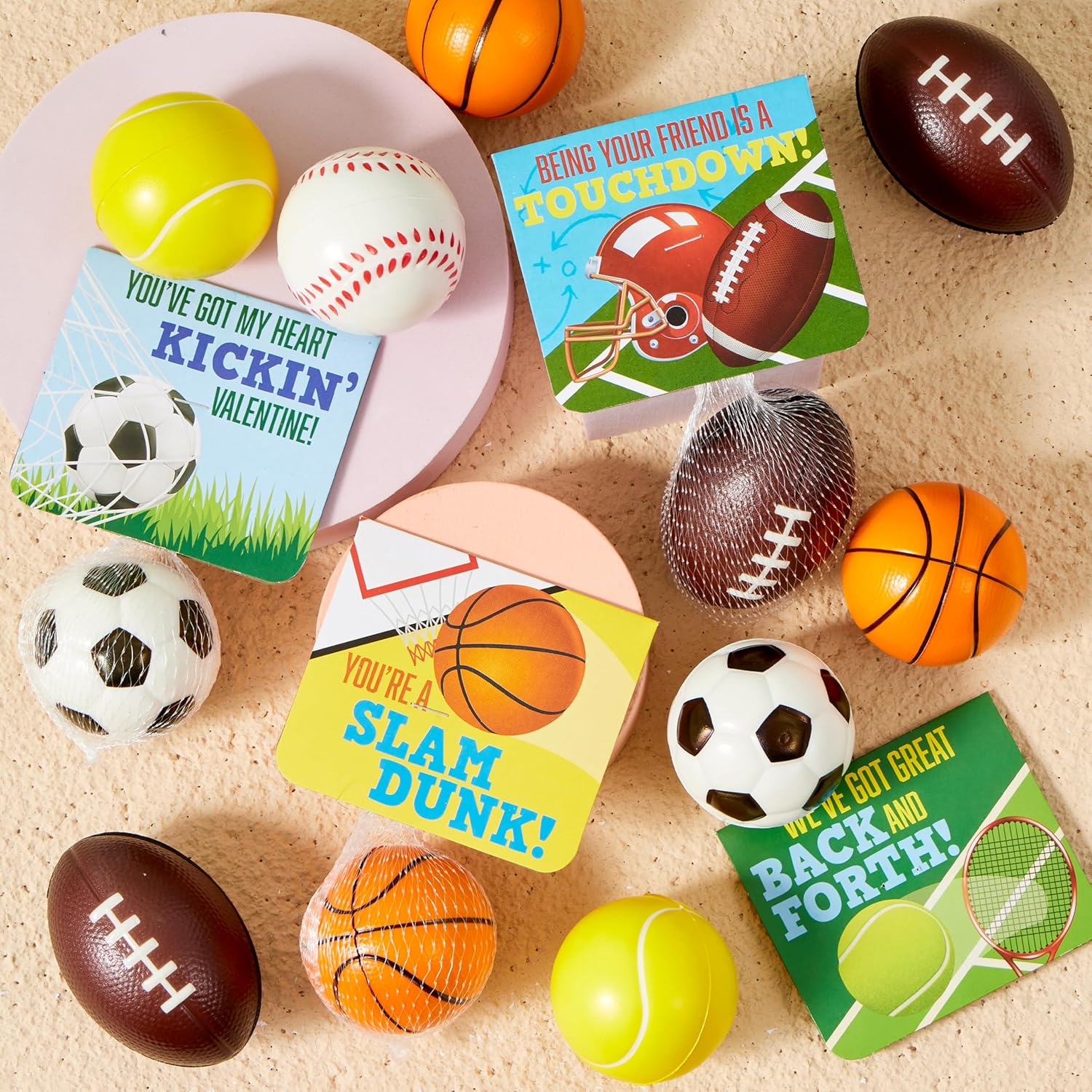 JOYIN 30 Packs Valentines Day Gift Card with Sport PU Balls, Mini Sports Ball Sqishy toy Foam for Classroom Exchange Gift for Kids, Holiday Party Favor Toys, Reward Prizes, Stress and Anxiety Relief