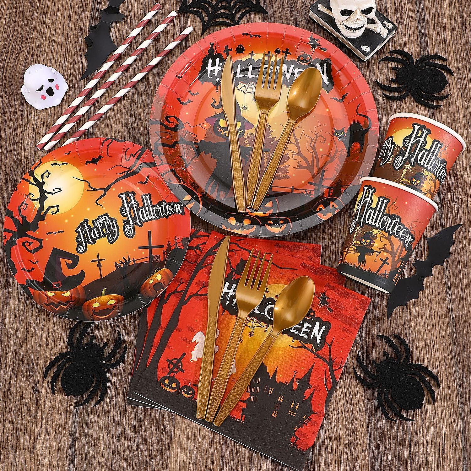192 Pcs Halloween Plates and Napkins Disposable Tableware Sets for 24 Guests Horror Theme Decorations Set Scary Party Supplies Paper Cups Napkins Forks Knives Straws (Orange Halloween Ghost)