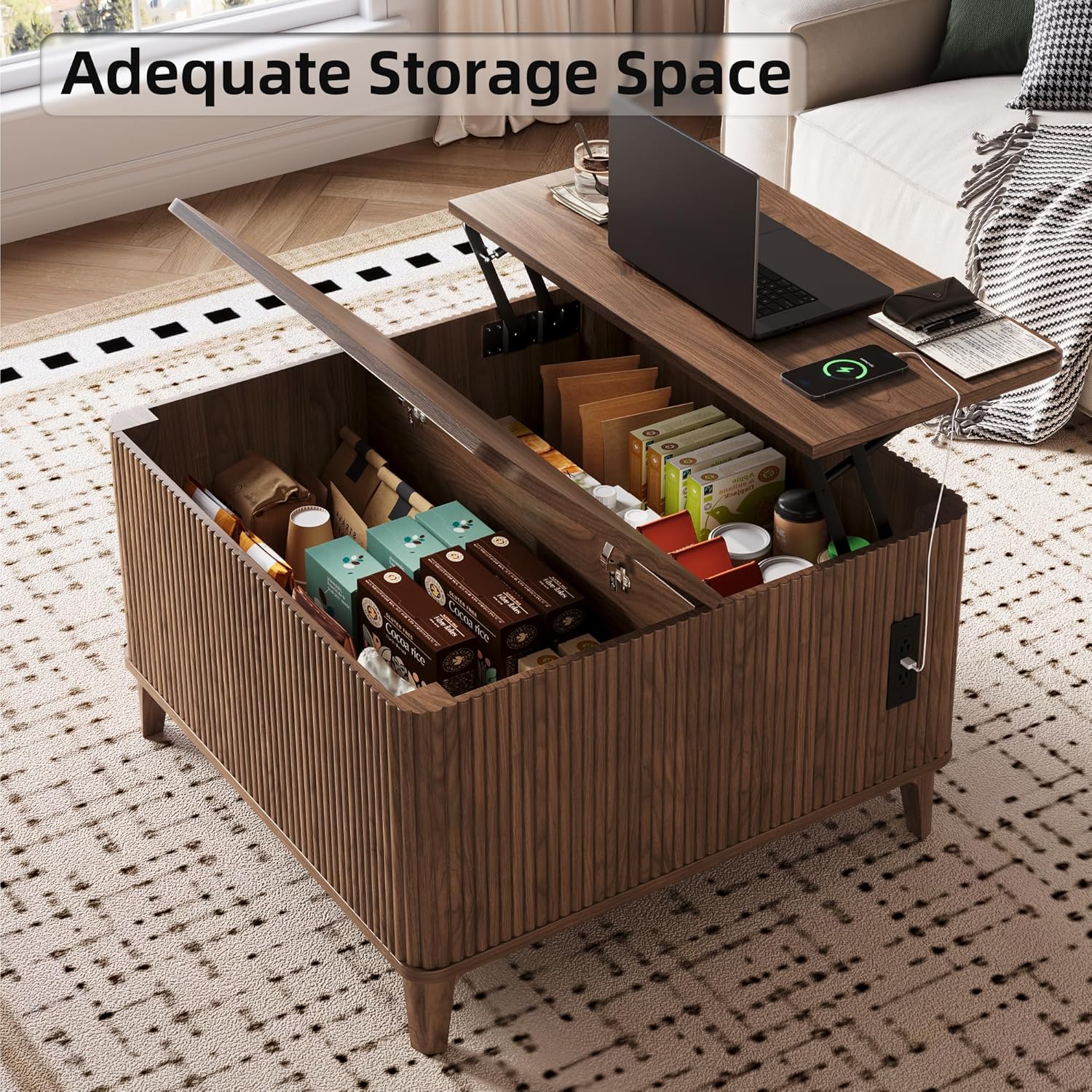 31.4" Square Coffee Tables for Living Room, Fluted Lift Top Coffee Table with Storage, Mid Century Modern Center Table, Giratree Stand Up Coffee Table for Home Living Room Office