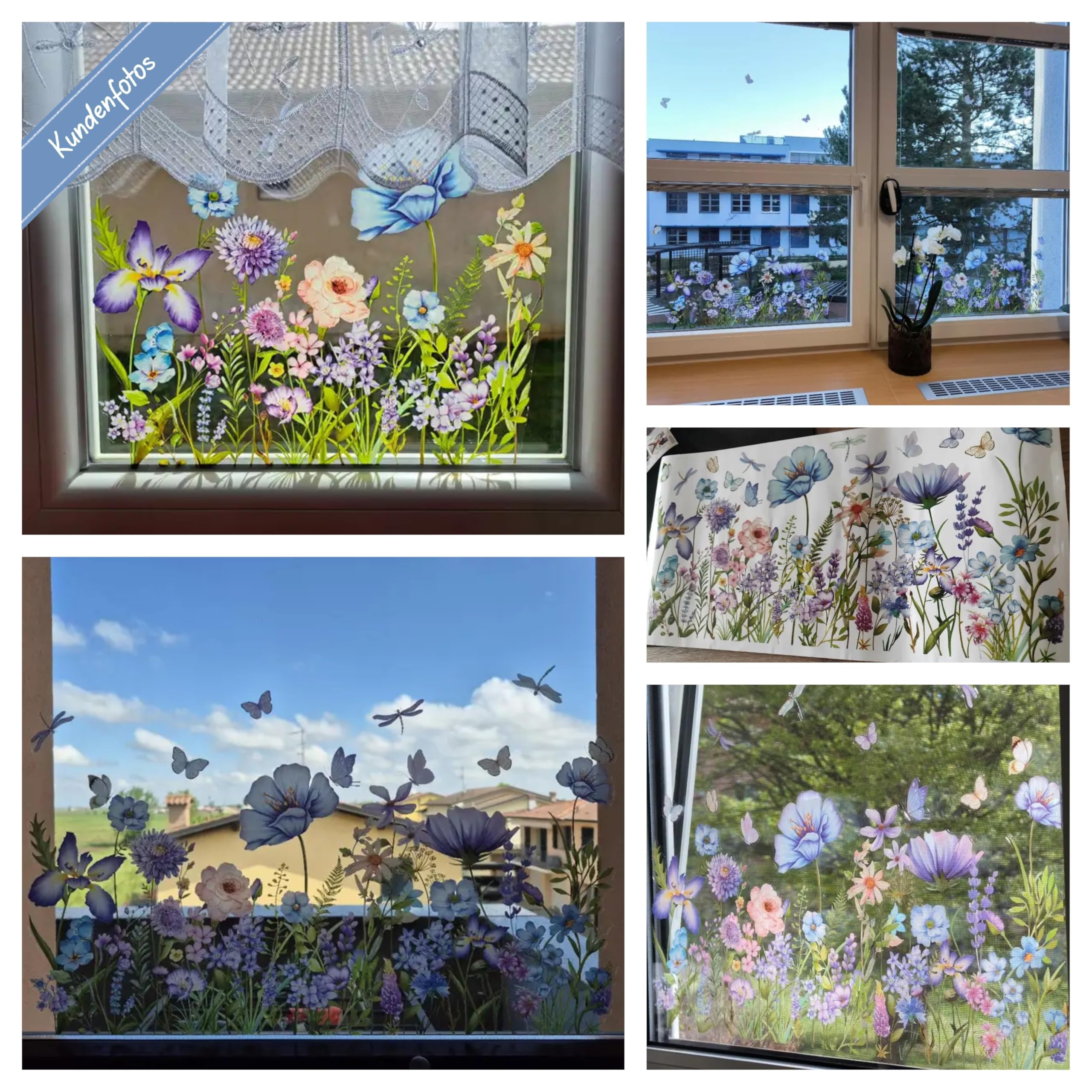WandSticker4U®- Pegatinas ventanas primavera flores CAMPO de FLORES azul reutilizables (95x59 cm) I Vinilo ventanas flores plantas I Decoración ventana salón dormitorio verano GRANDE (no adhesivo)