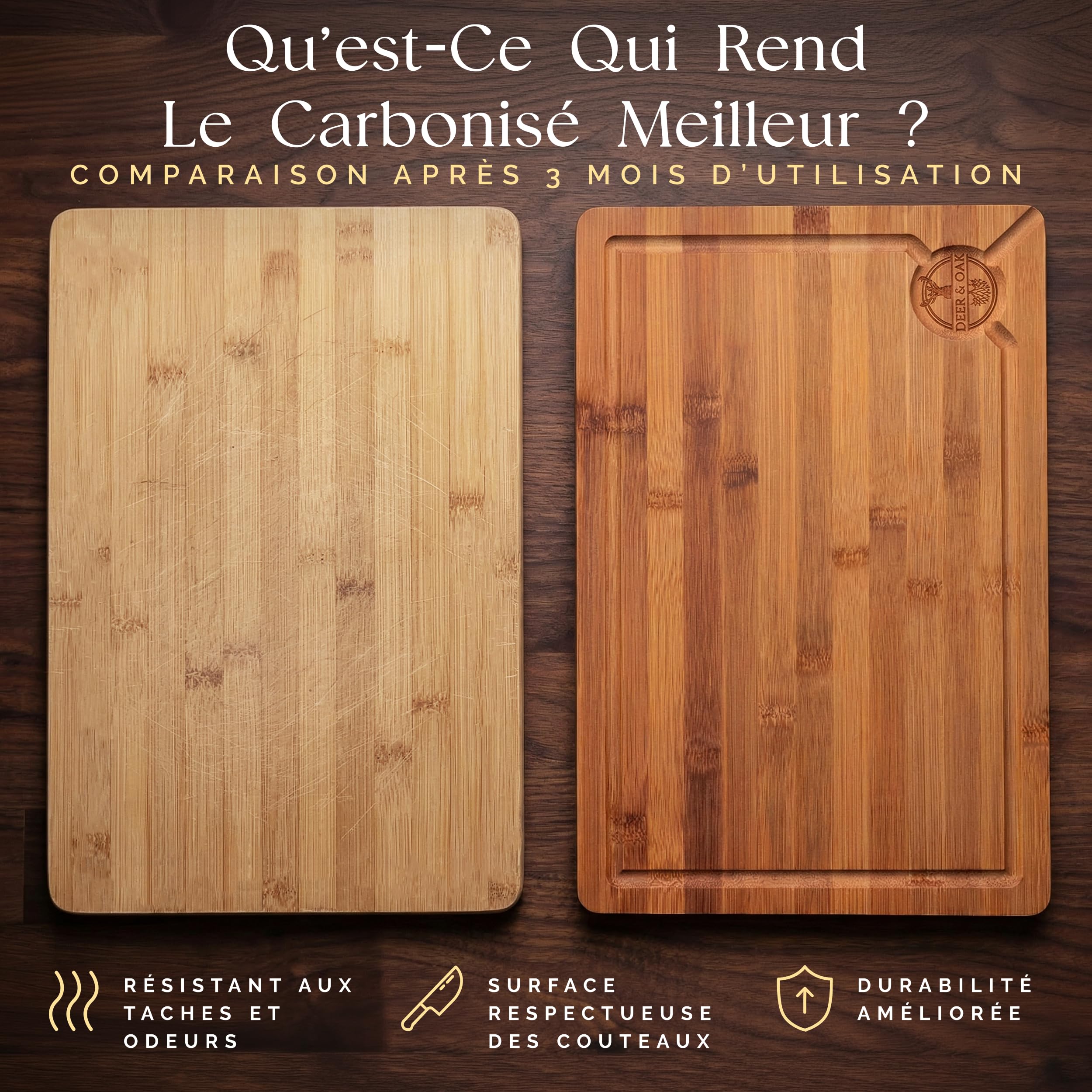 Deer & Oak Lot de 3 Planches à Découper Bambou Carbonisé Pré-huilées | Trou de suspension · Technologie 260 °C · Aussi pour le service de charcuterie