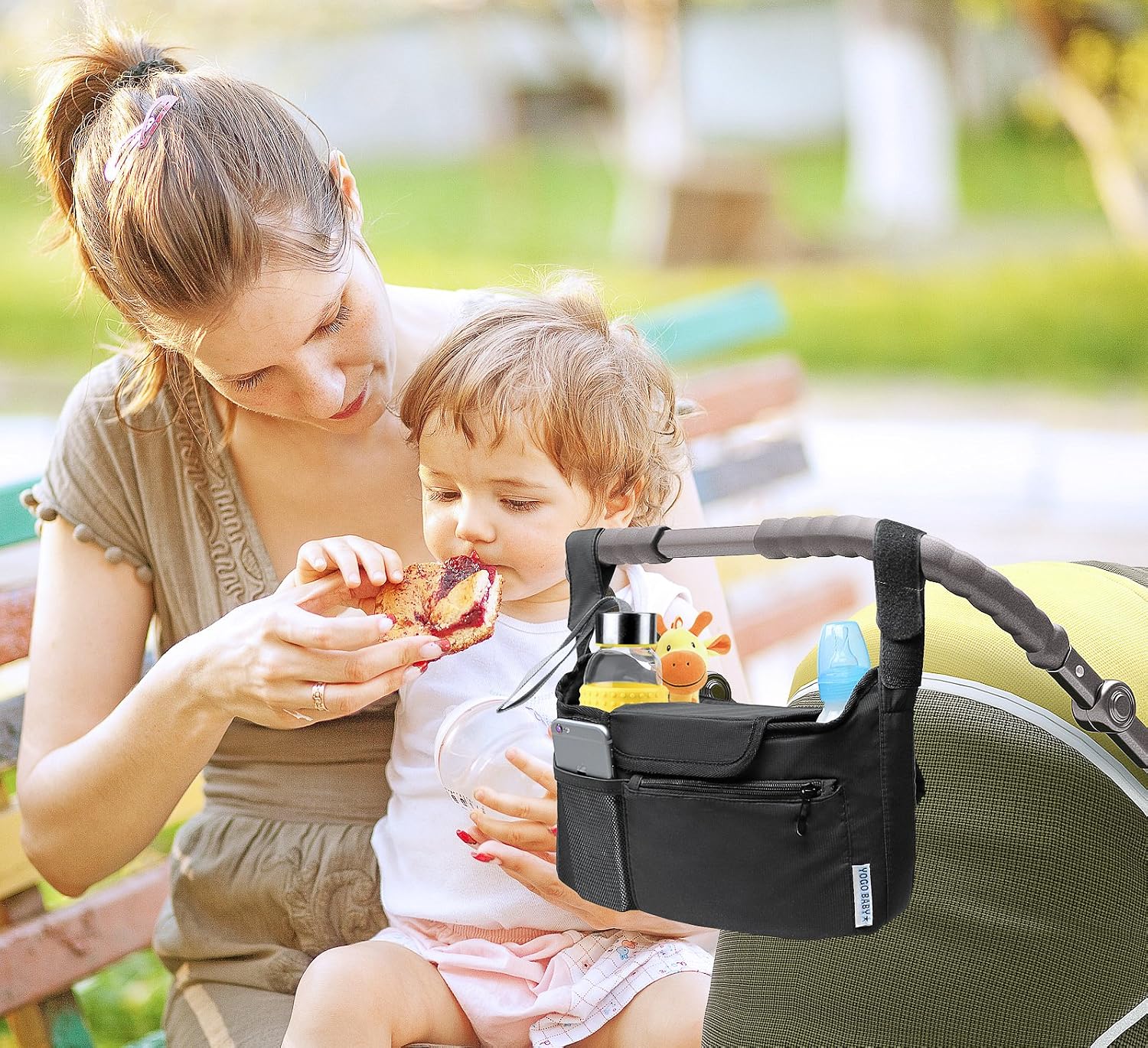 Deluxe Stroller Organizer Universal Fit for All Strollers Multiple Pockets Zipper and Phone Pocket Deep Insulated Cup Holders Black