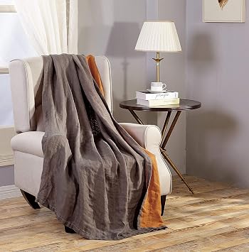 Chezmoi Collection Brussels Belgian Flax Linen Throw Blanket, 50" x 70" - Pre-Washed Super Soft Lightweight Breathable Summer Blanket Gray/Orange Color for Living Room Couch & Bed