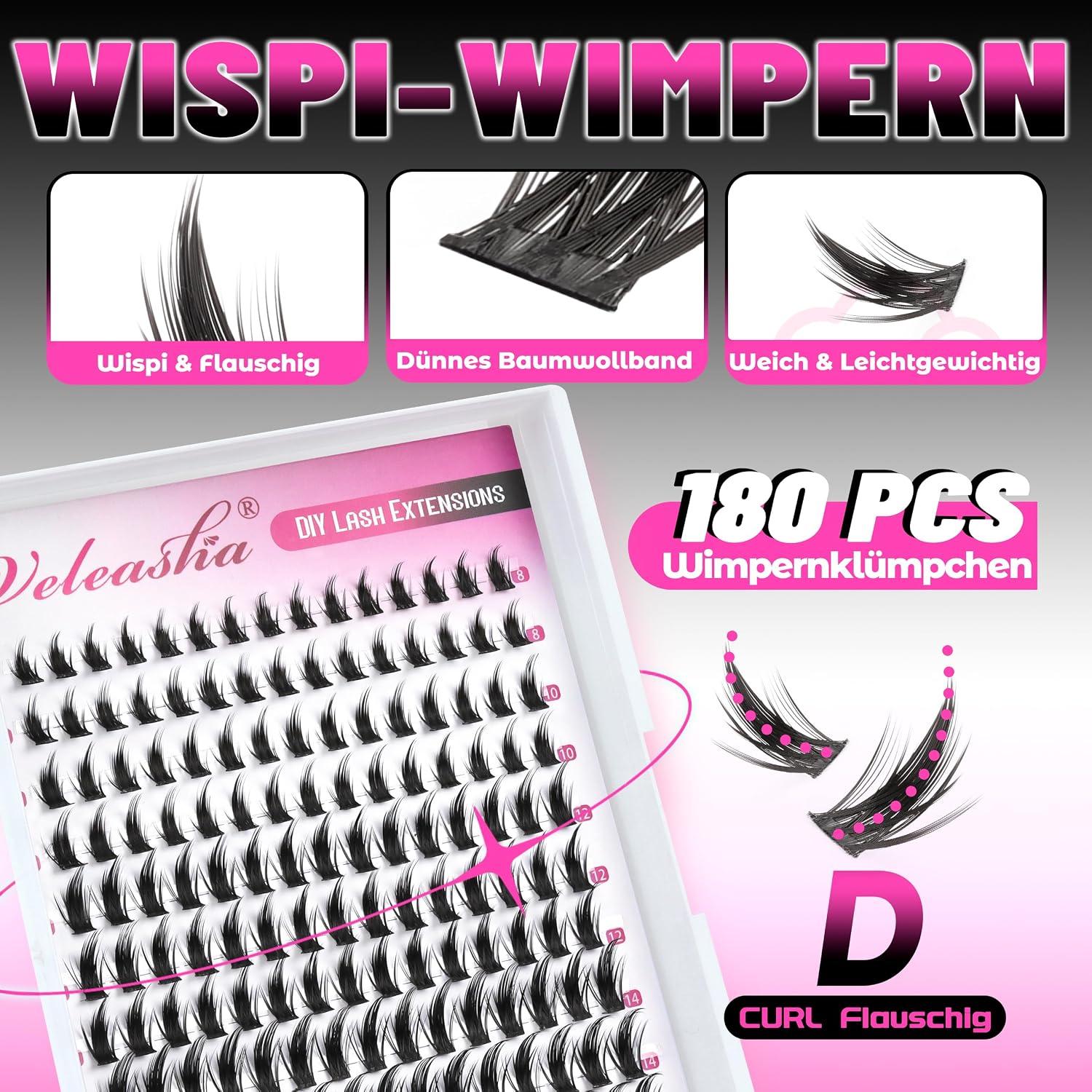 Veleasha Eyelash Clusters, Manga D Curl, Pack of 180, 8-18 mm, Spiky Wispy Anime Eyelash Clusters, Fluffy Volume, Natural Look, DIY Fairy-Like Individual Eyelashes (Crystal)