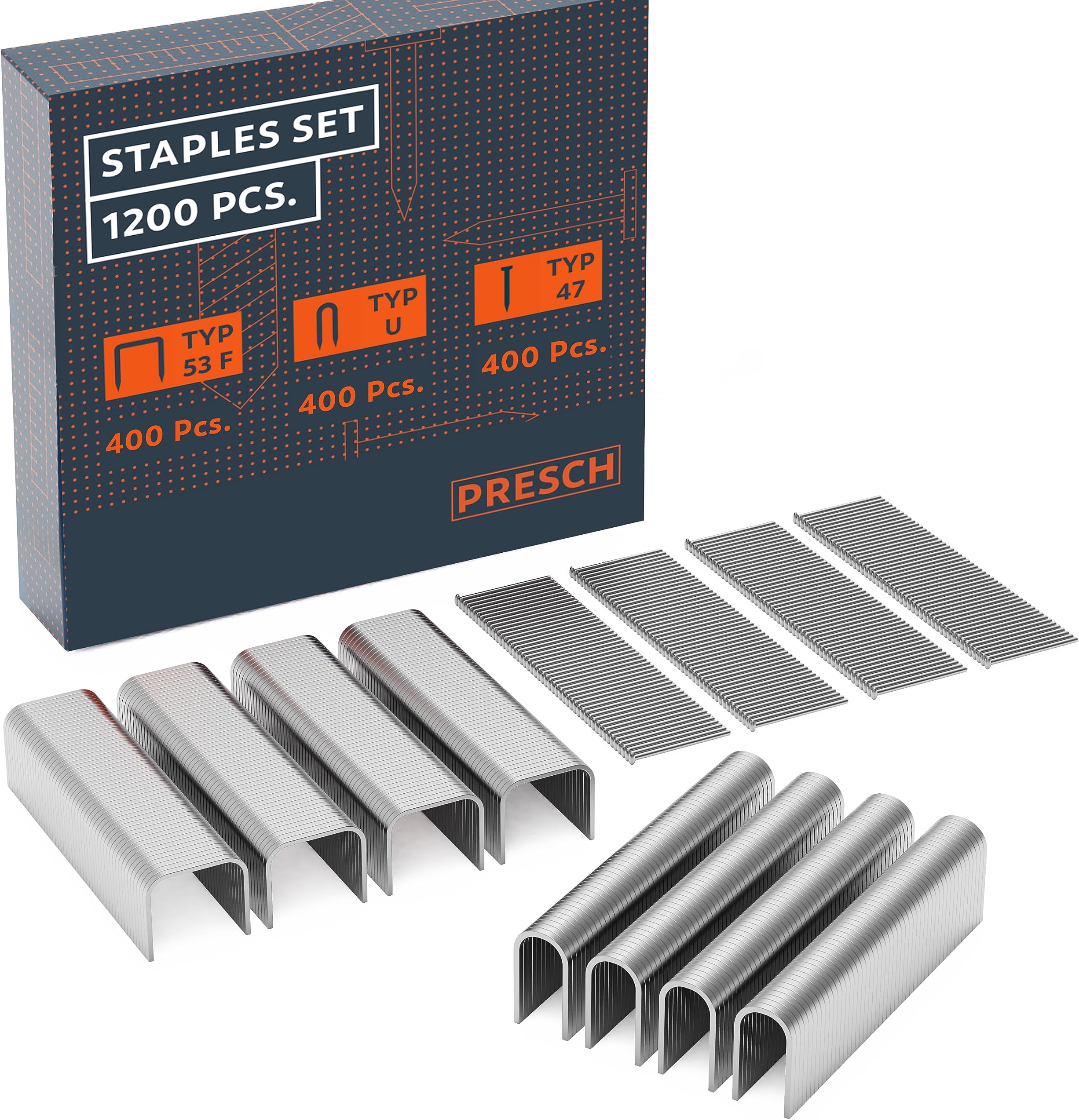 Presch Staple kit for staple gun 1200 pcs - Incl. Type 53F, U-staples and nails for hand tacker