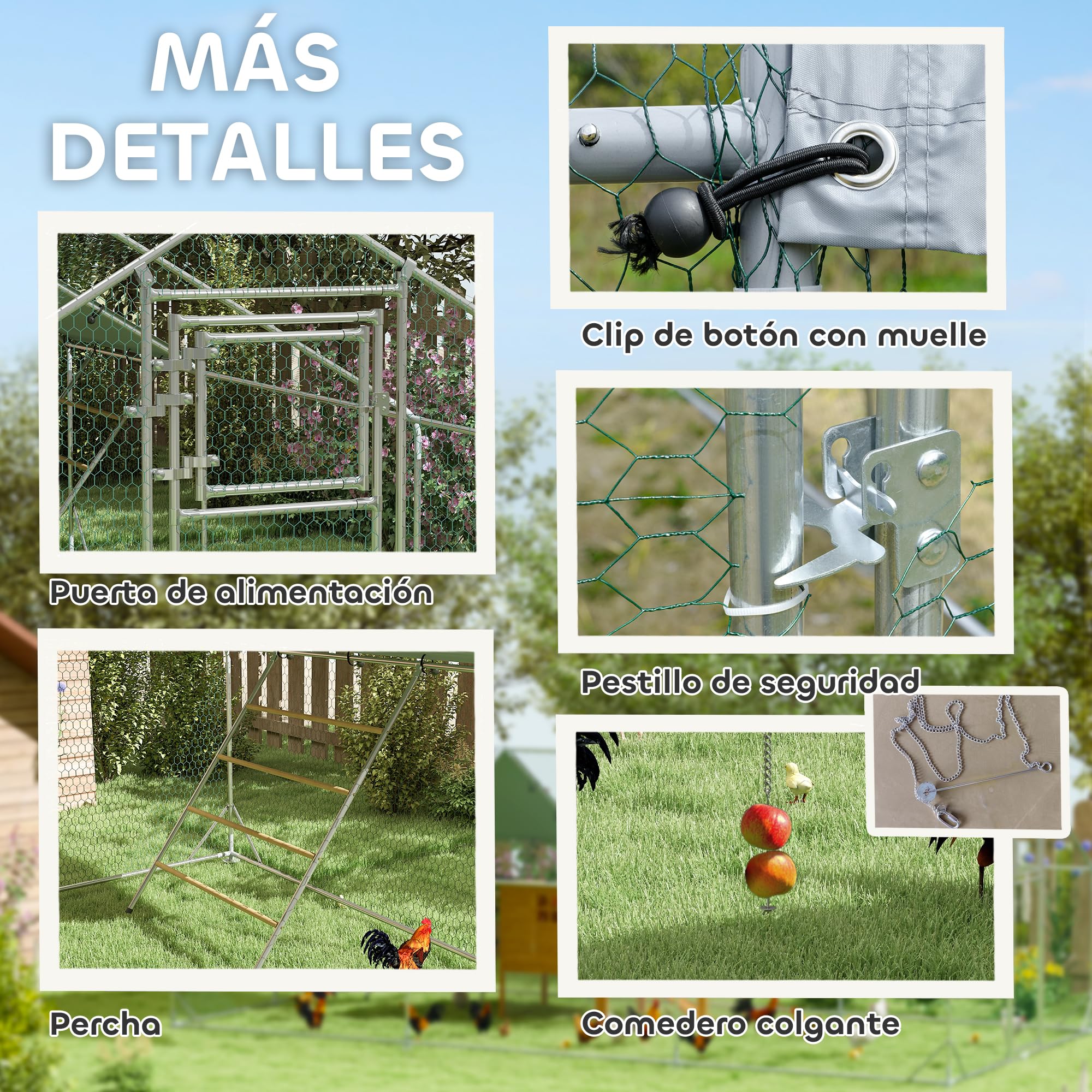 PawHut Gallinero Exterior 18 m² 3x6x1,95 m Acero Galvanizado para 18-24 Gallinas Impermeable Anti-UV