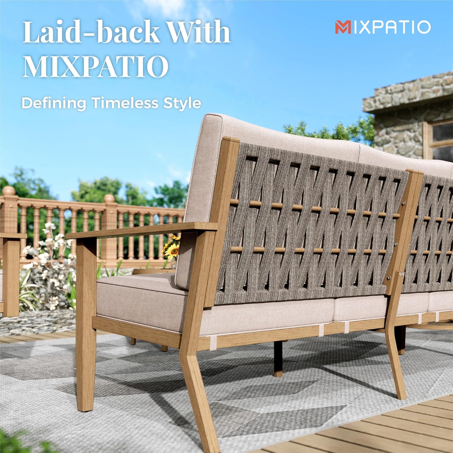 MIXPATIO 7-Piece Patio Outdoor Conversation Furniture Set with Dual Swivel/Stationary Chairs, Steel Modern Outdoor Patio Conversation Sets with Thick Cushions for Porch, Balcony, Backyard-Beige