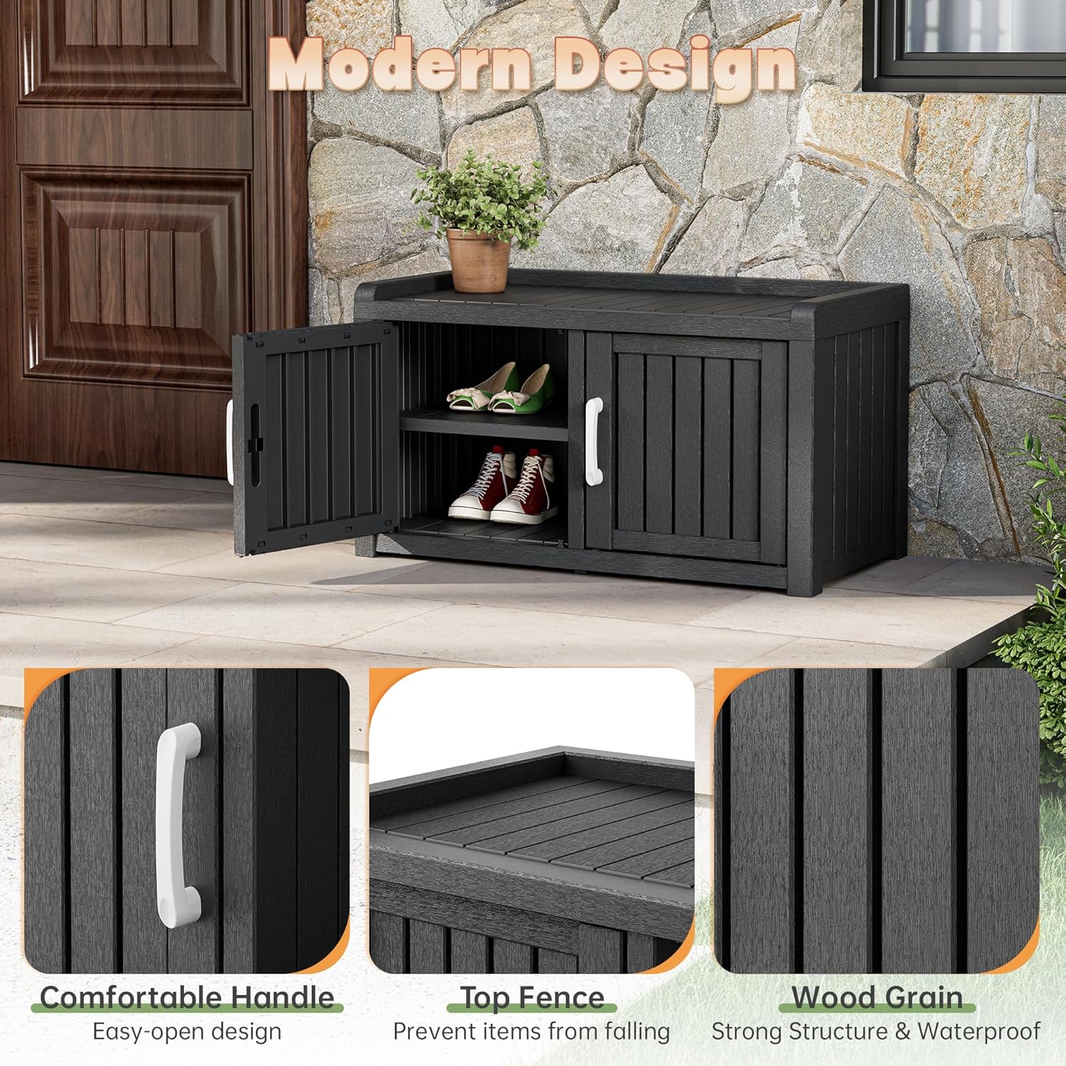 Bifanuo Shoe Storage Cabinet, 2-Door Outdoor Storage Bench with Adjustable Shelves, Waterproof UV-Resistant for Hallway, Living Room, Entryway, Large Capacity Modern Organizer (Black)