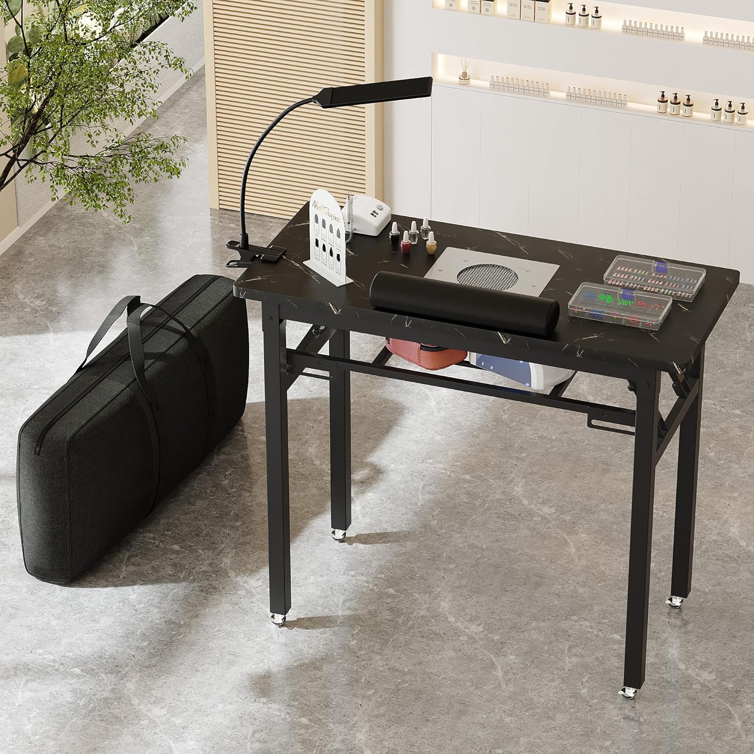 Portable & Foldable Manicure Table w/Dust Collector, Rolling Nail Tech Desk w/LED Light Lamp, Wrist Cushion, Lockable Wheels, Carrying Case, for Home Travel Beauty Salon Workstation (Marble Black)