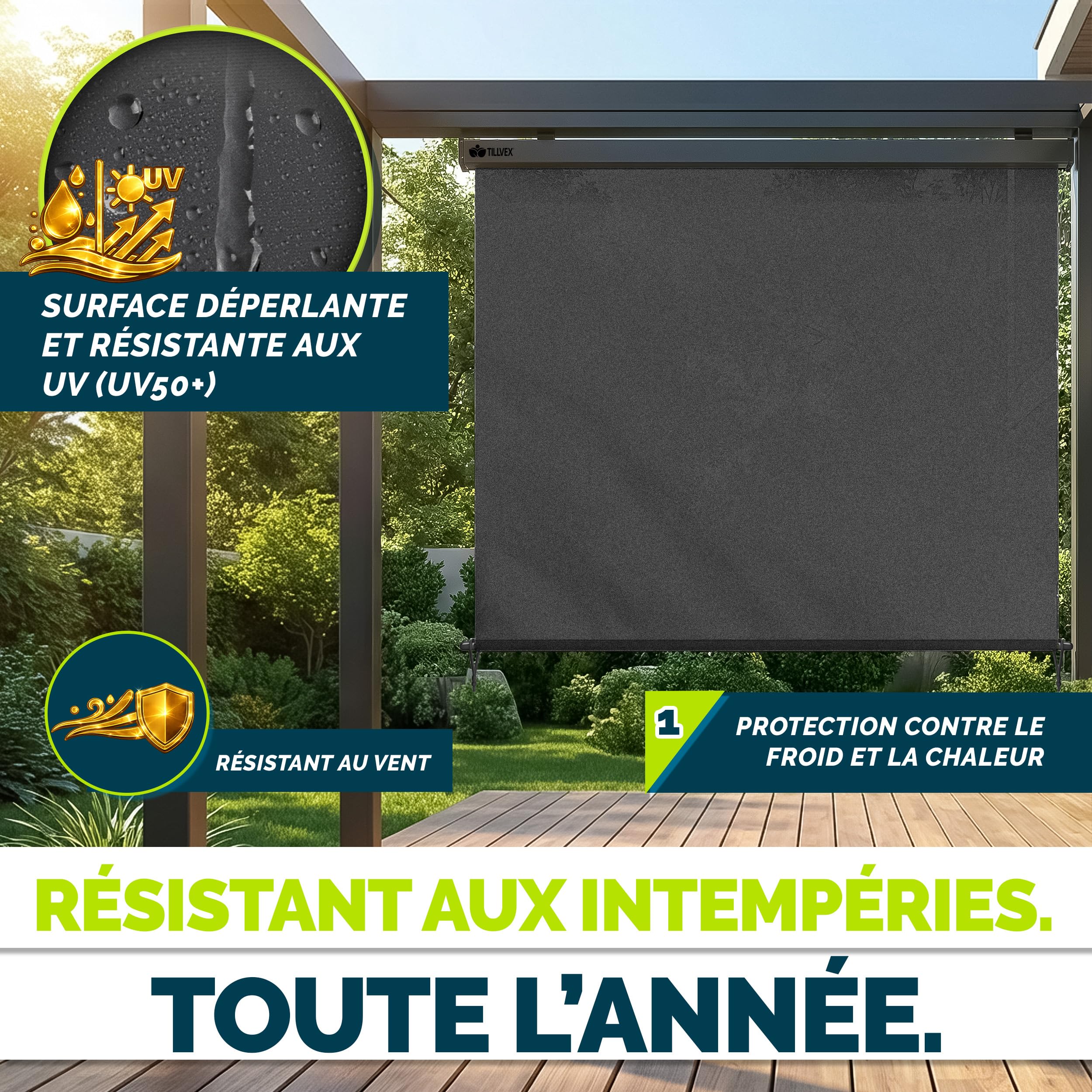 tillvex® Store Vertical pour extérieur et intérieur 180 x 250 cm + Housse de Protection - Store extérieur imperméable avec manivelle pour Balcon, Terrasse et Jardin - Protection Solaire en Aluminium