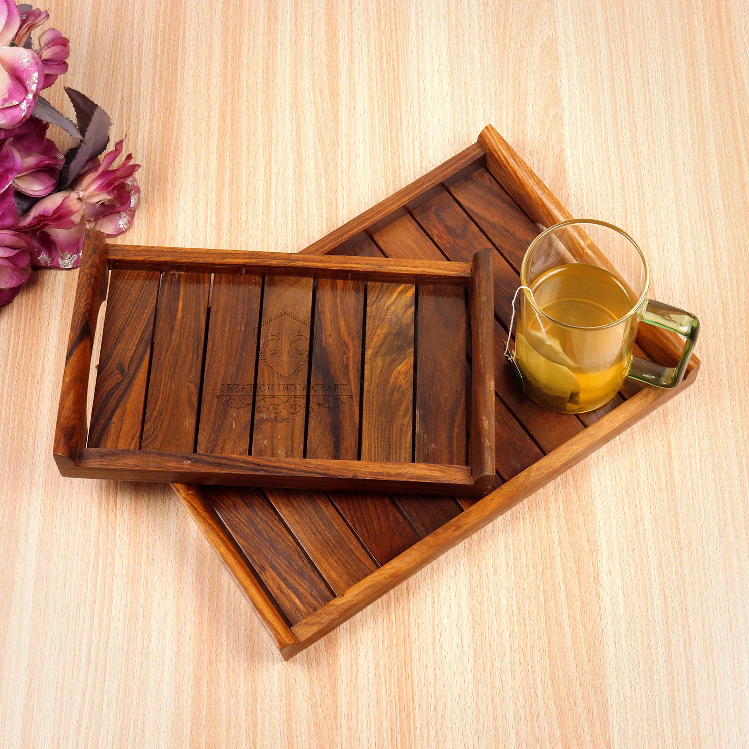 Nested Wooden Serving Trays Wooden Breakfast Serving Trays Decorative Kitchen Organizer for Home & Kitchen Snacks Tray Dining Table Breakfast Coffee Trays for Party Set of 2