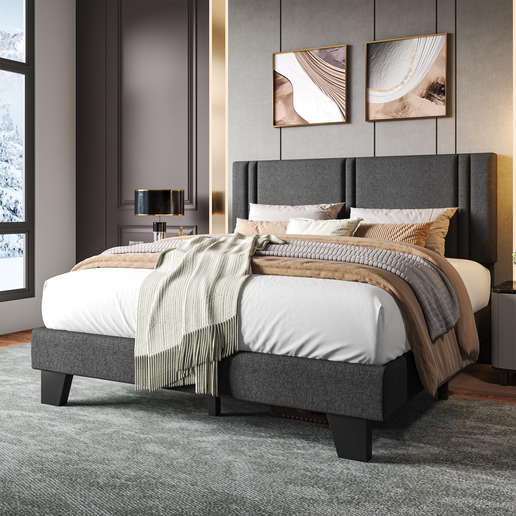 Einhomn Upholstered Queen Size Bed Frame with Linen Fabric Headboard, Strong Wooden Slats Support, Noise Free, No Box Spring Needed, Dark Grey