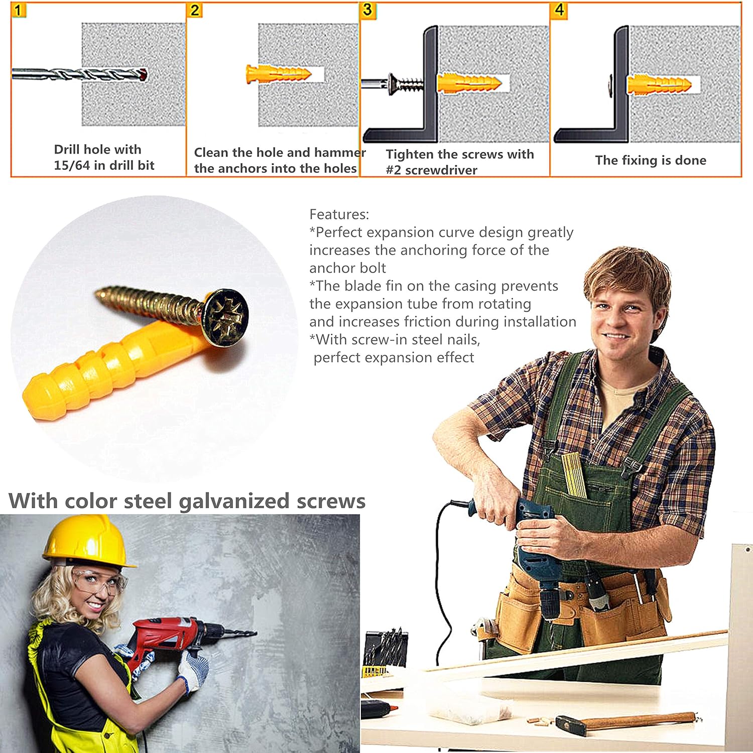 Up To 40% OFF 60pcs M8 Yellow Ribbed Plastic Wall Anchor for Wood, Dry Wall Screws and Anchors for Concrete, 1½in Phillips Flat Head Screws Brick Anchors Fasteners, Suitable for All Kinds of Concrete Brick Walls