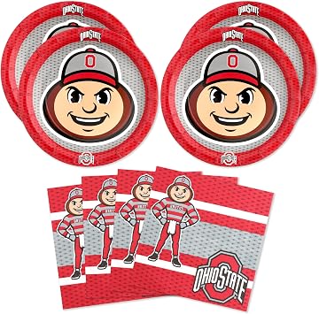 Havercamp Ohio State Party Set-16 Guests-Plates & Napkins-Brutus Buckeye | Includes 16 appetizer plates and 16 napkins featuring Brutus for tailgates, birthdays, game days, and Buckeye celebrations.