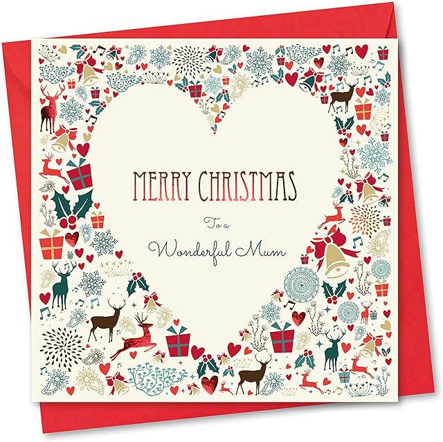 Absolutely Yours Christmas Card for Mum. Christmas Heart Design with Red Foil. Ecofriendly & UK Made. Verse Inside. 150 x 150mm card size