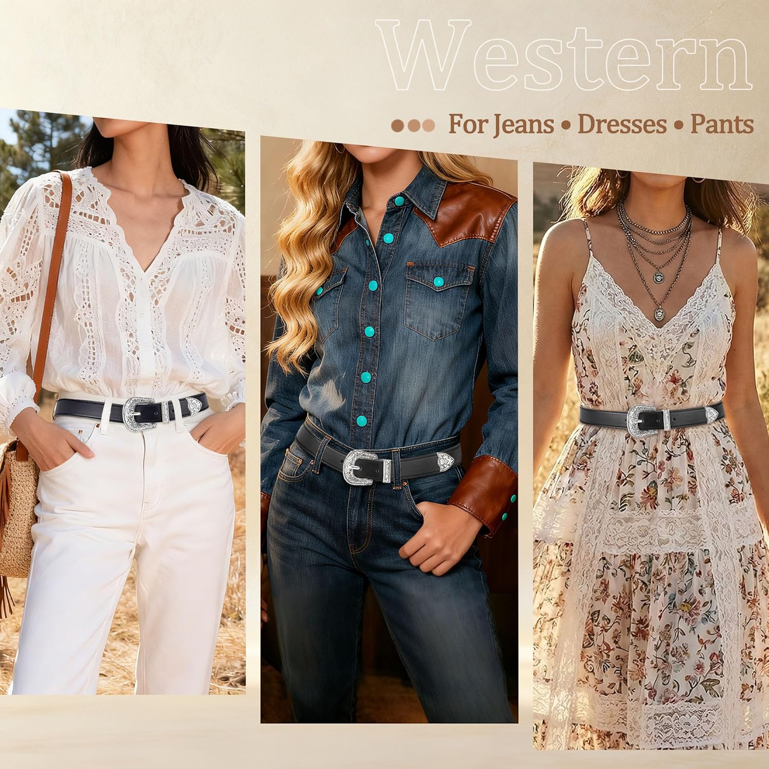 QIQILUXI Western Cowboy Cowgirl Belt for Women, Engraved Buckle PU Leather Belt for Jeans Dresses, 1.1" Wide, 27-48" - Image 2