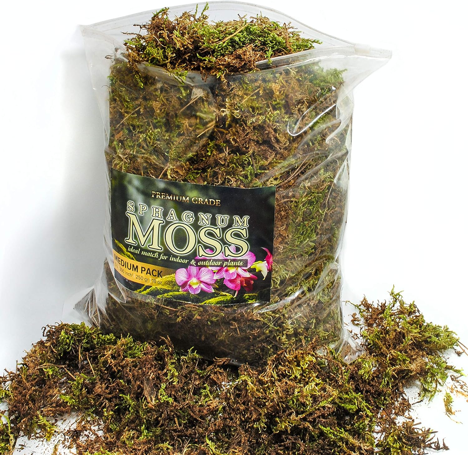 Organic Green Sphagnum Moss for Orchids, Indoor and Outdoor Plants - Dried for Decorative Gardening (Medium Pack - 5 litres / 250 gr / 18 oz)