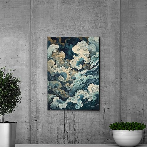 Miniatura 3 de Canvas Print Canvas Framed Canvas Wall Art Wood Panel Retro Wave Art A Storm Wall Art Print Sea Wave In The Night And Trees Stormy Waves Art Decor