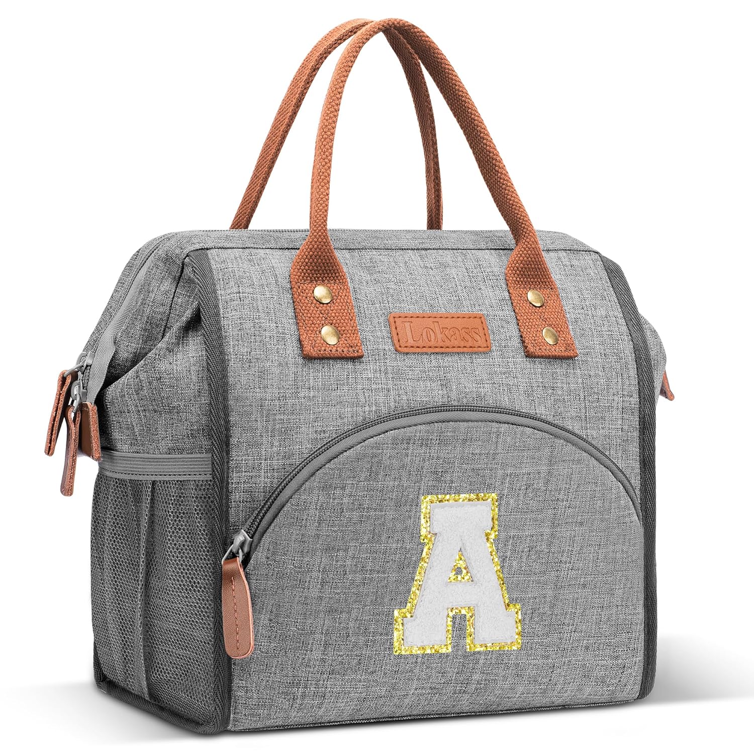 LOKASS Initial Lunch Box for Women Wide-Open Leakproof Insulated Lunch Bag Women Reusable Tote Bag for Office Beach