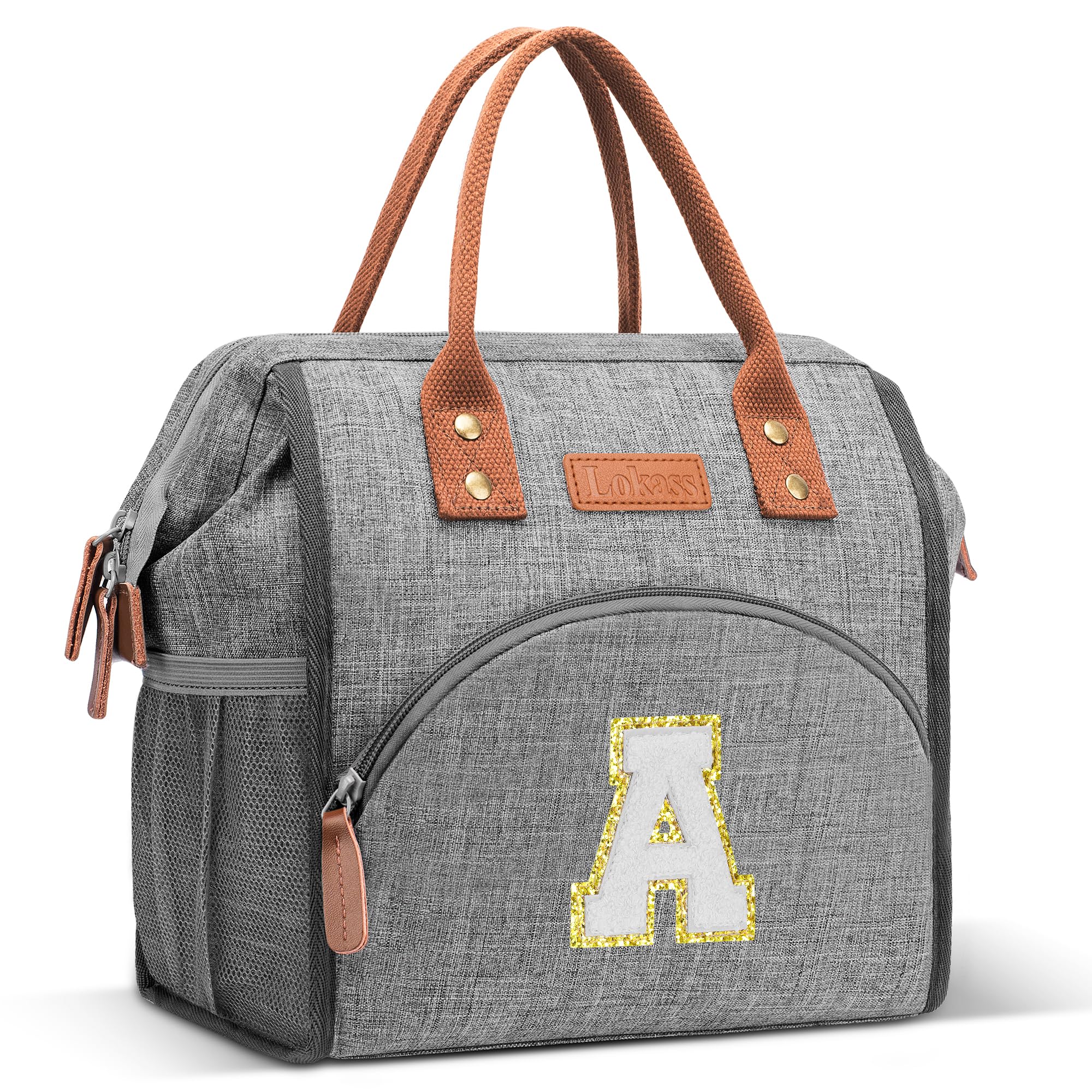 LOKASS Initial Lunch Box for Women Wide-Open Leakproof Insulated Lunch Bag Women Reusable Tote Bag for Office Beach