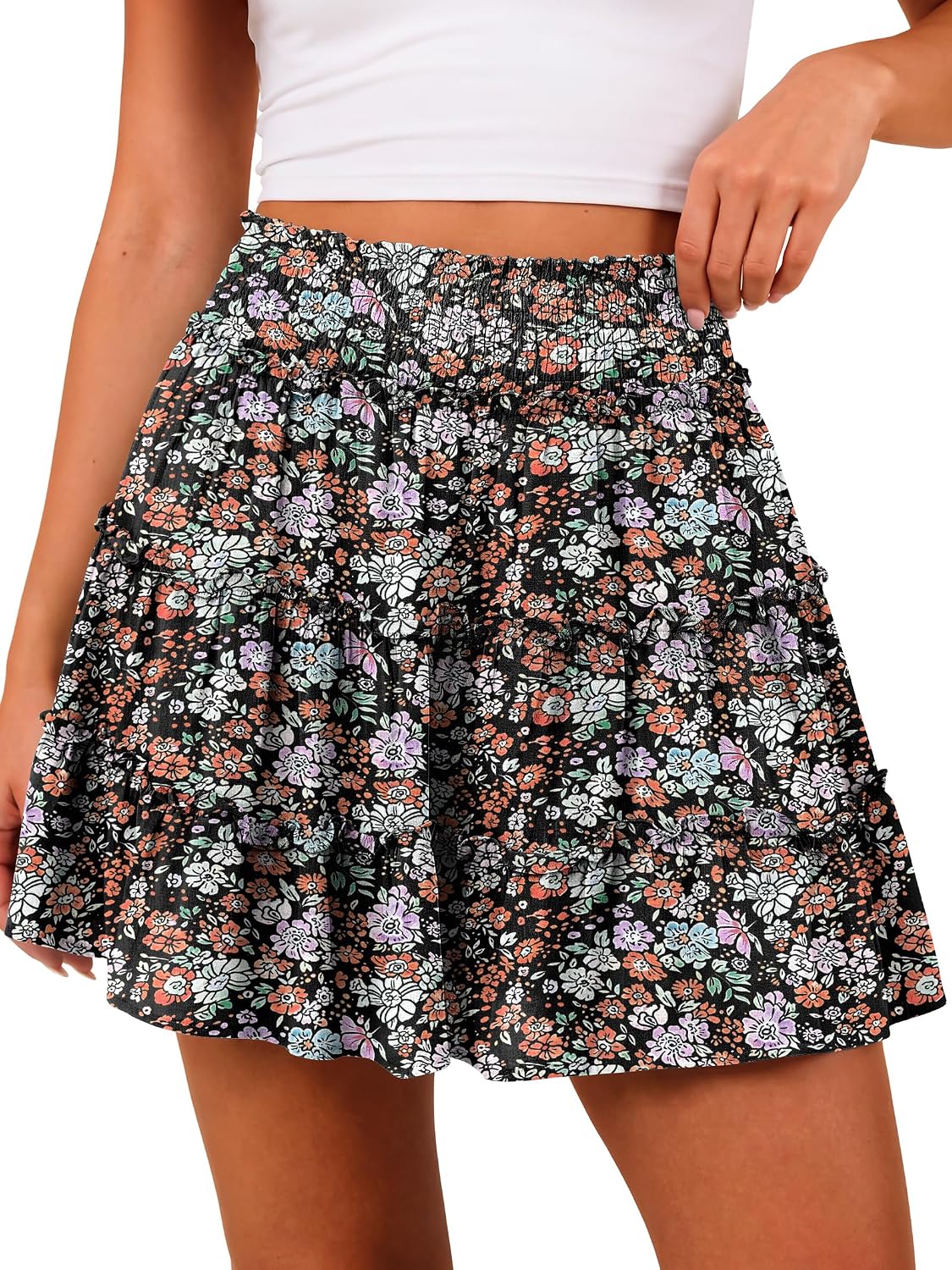 Caracilia Womens Mini Skirt Skorts Flowy High Waisted Ruffle Tiered Casual Summer Beach Short Skirts Built-in Shorts 2026