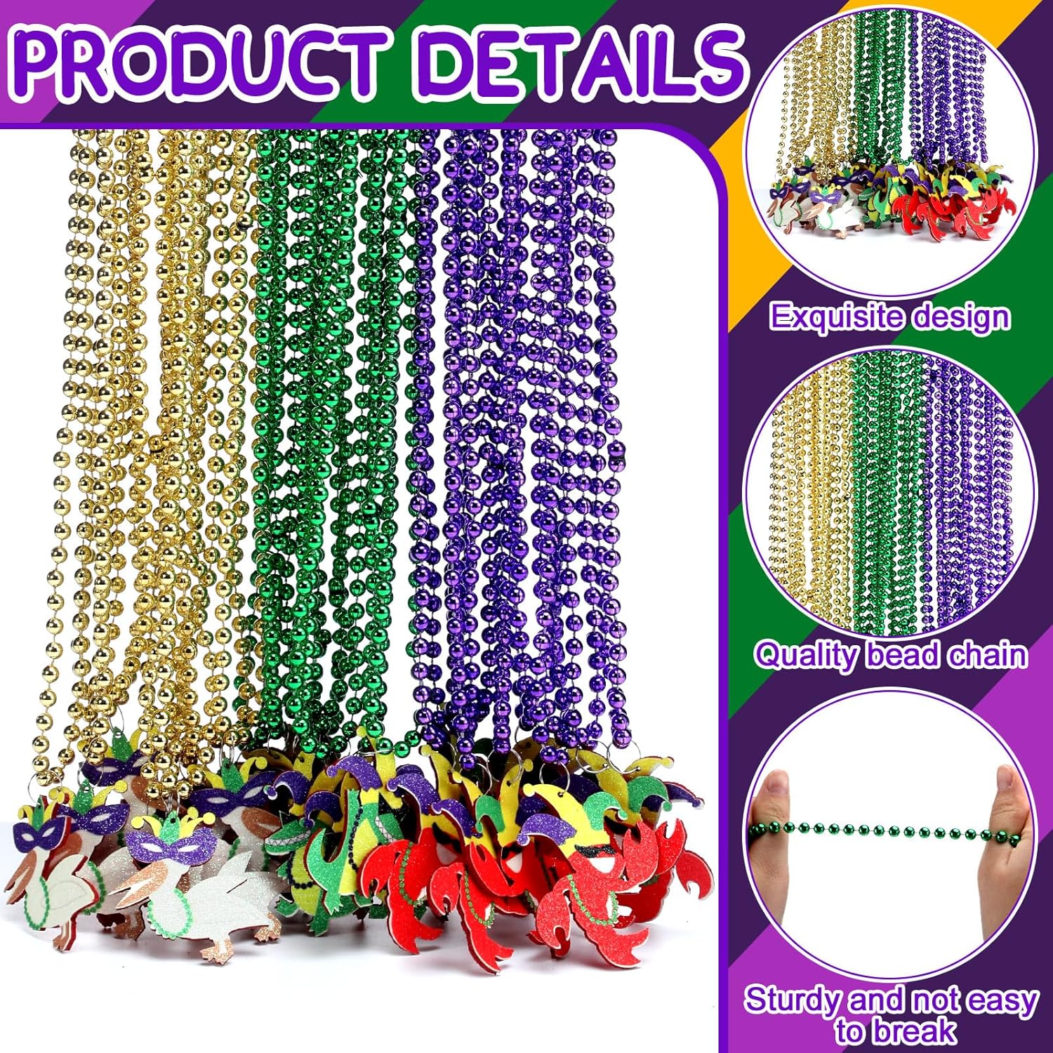 Ecally 30 Pcs Mardi Gras Beads Necklace Parade Throw Green Purple Gold Alligator Crawfish Pelican Bead Necklace Bulk with Pendant for Carnival Party Cosplay Costume Accessories Mardi Gras Parade Throw - Image 3