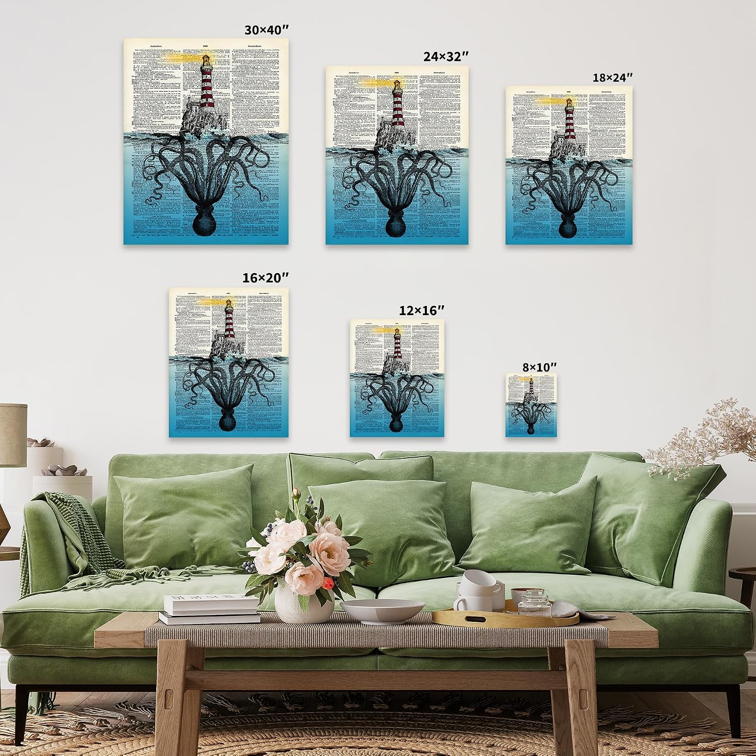 Poster Master Dictionary Art Canvas - Giant Octopus Under Lighthouse Print - Kraken Art - Gift for Him, Her - Nautical Wall Decor for Bathroom, Ocean or Beach House - 8x10 STRETCHED Canvas