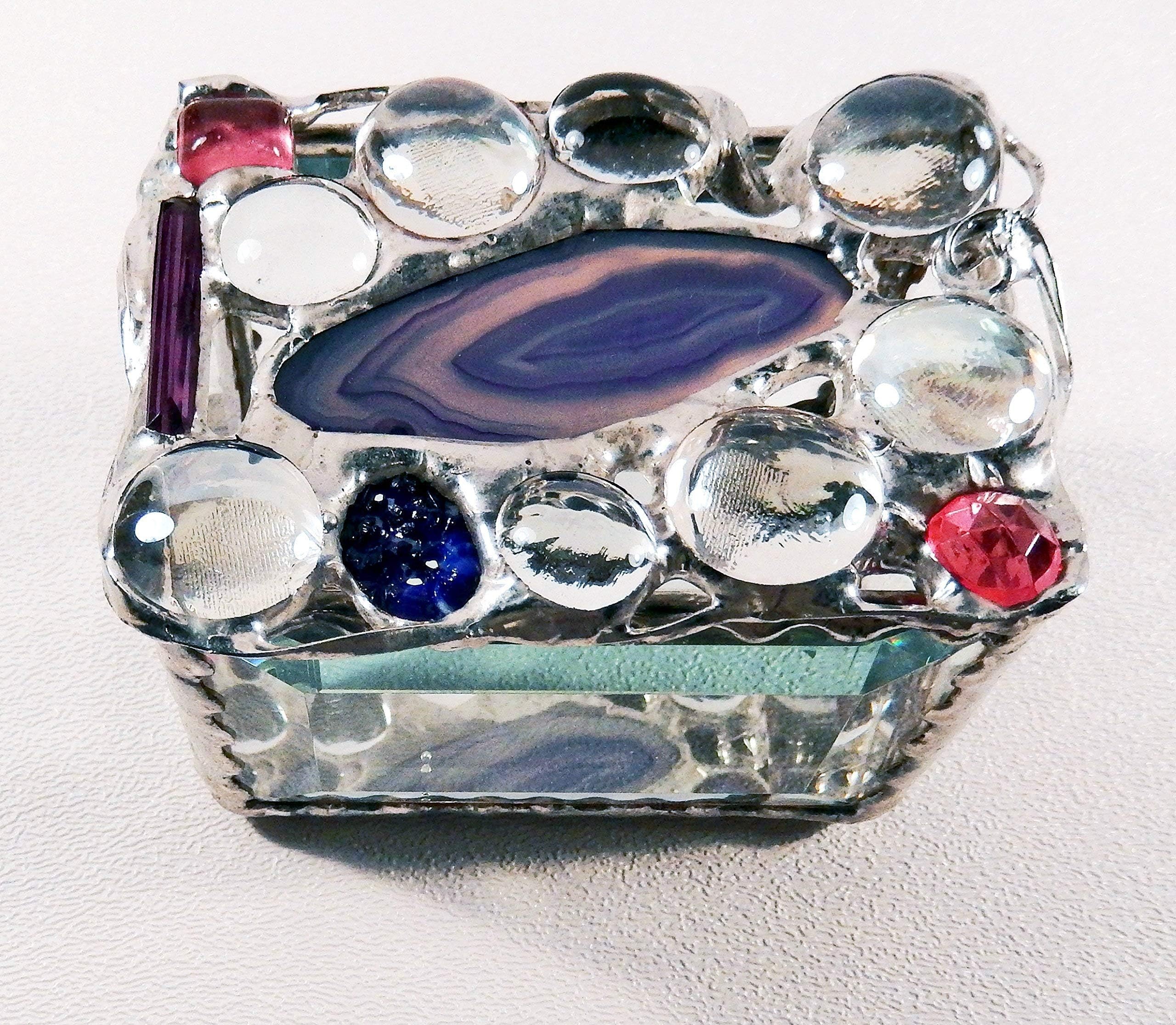 Deep Purple, some Royal Blue and Tan Agate Box with Glass Bevels, Mirrored bottom, unusual Glass Jewels