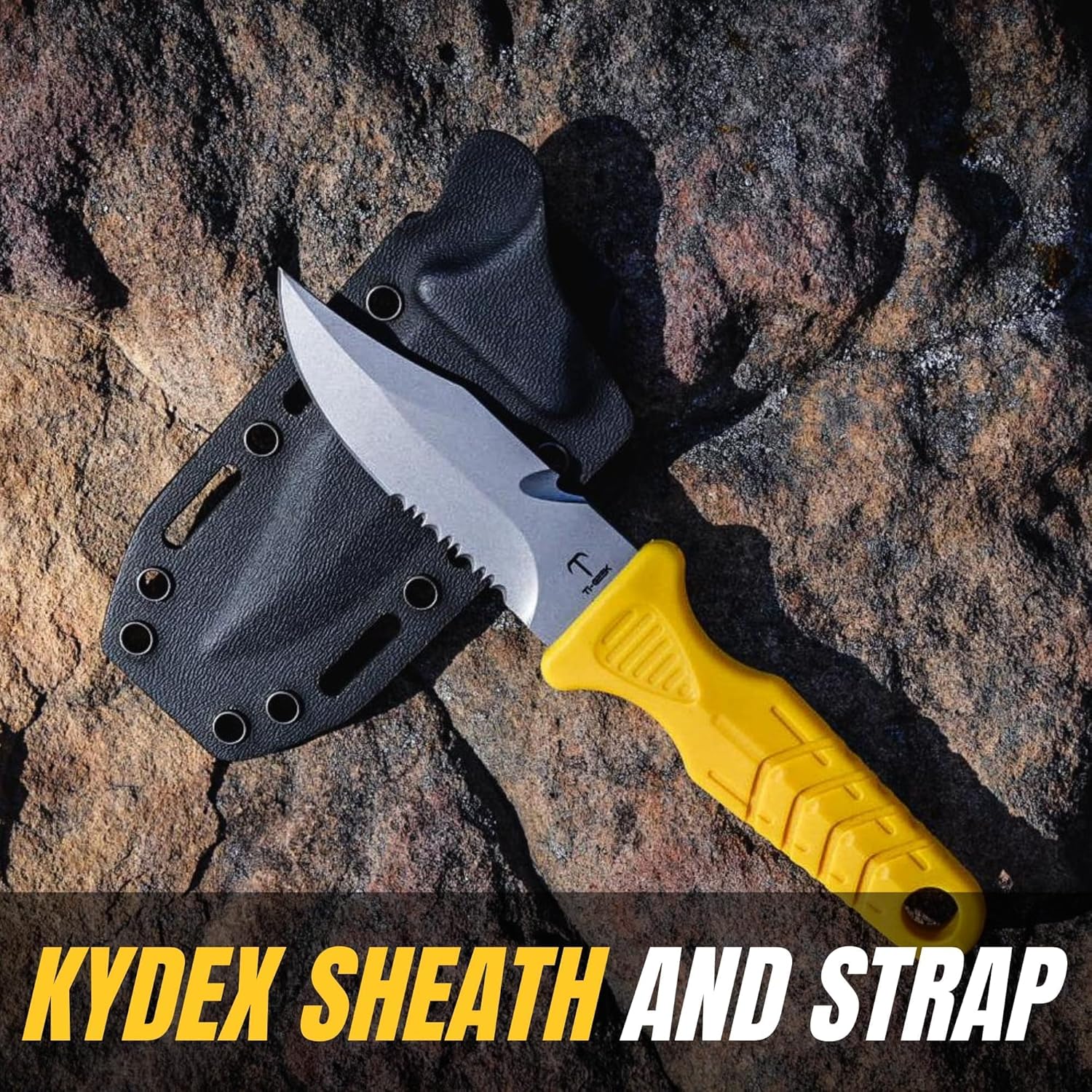 Titanium Survival Scuba Diving Fixed Blade Knife with Sheath & Straps - Holster on Divers BCD, Thigh/Leg, GC Belt Buckle or Wrist, Cutting, Serrated Edge & Line Cutter - Yellow Drop Point