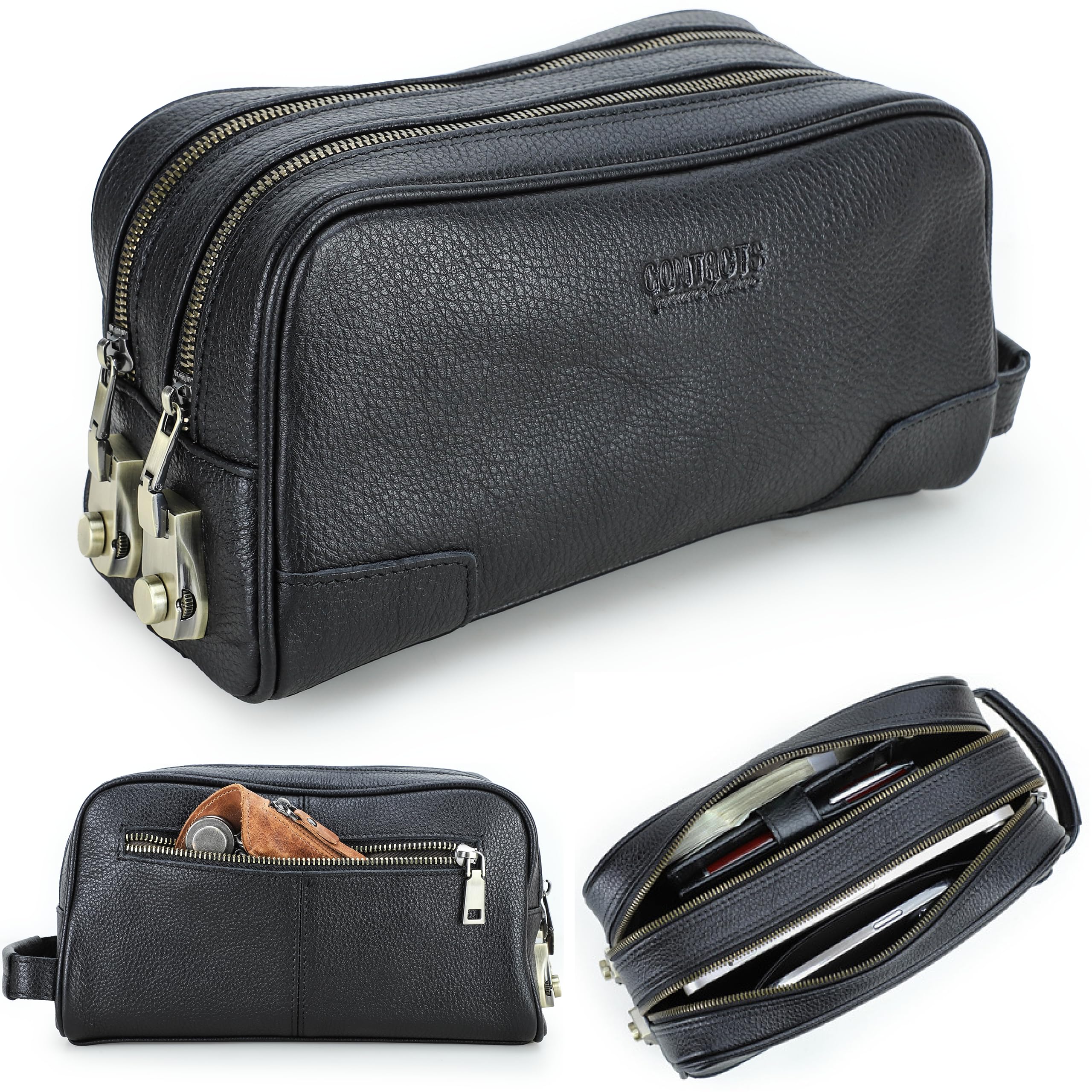 Top Grain Genuine Leather Travel Organizer Clutch Bag, Handmade Retro Vintage Design, 3 Zipper Pockets & Combination Locks, Portable Storage Bag for Phone/Cable/Charger/Notebook/Cash/Cosmetic, Black