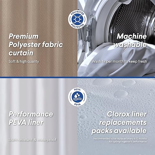 Miniatura 3 de CLOROX Cortina de ducha de baño con forro de PEVA impermeable y ligero, juego de tamaño estándar para baño, con imanes con peso y 12 ganchos de Gris