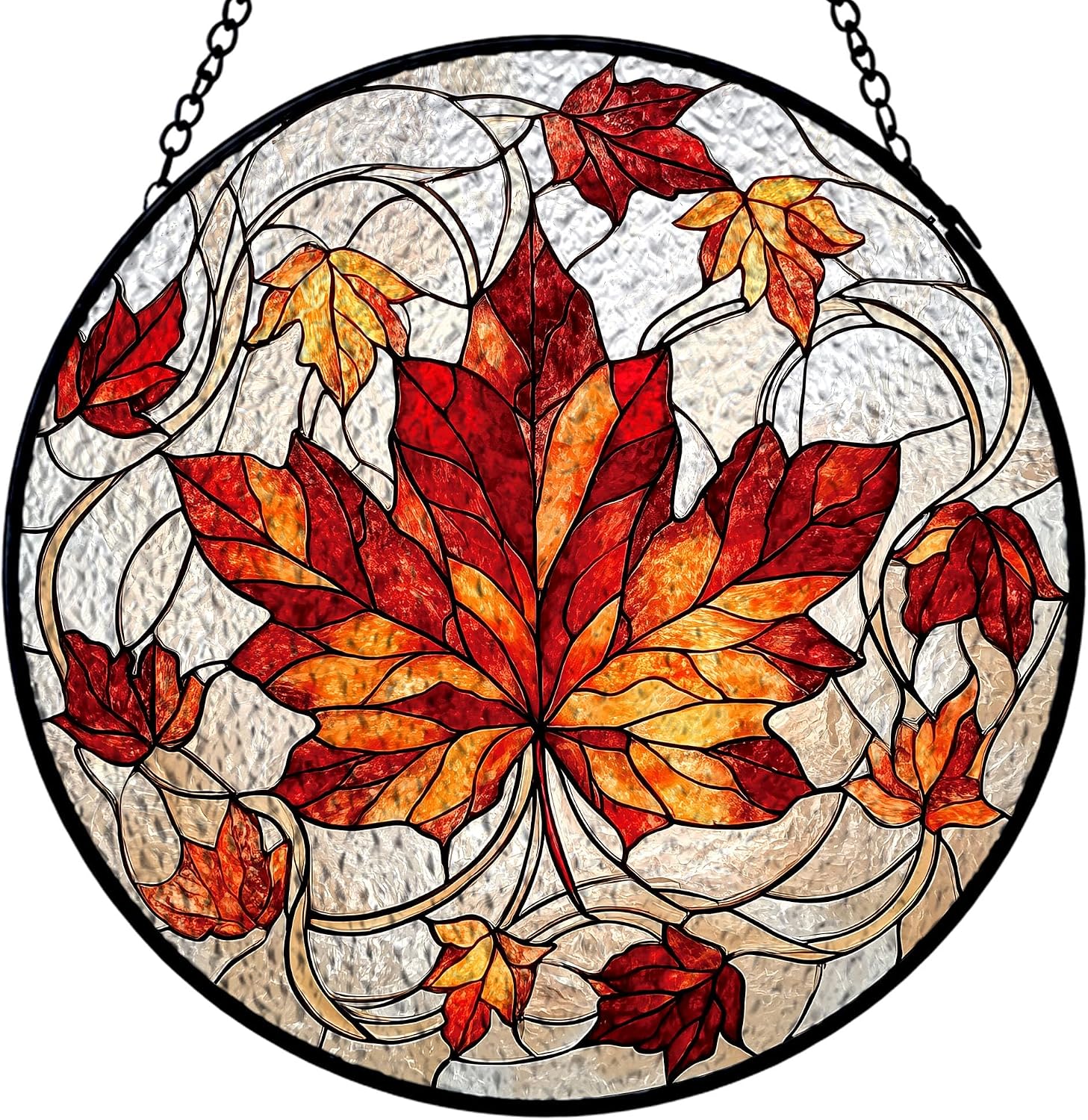 Autumn Fall Maple Leaf Nature Round Stained Glass Suncatcher Window Hanging