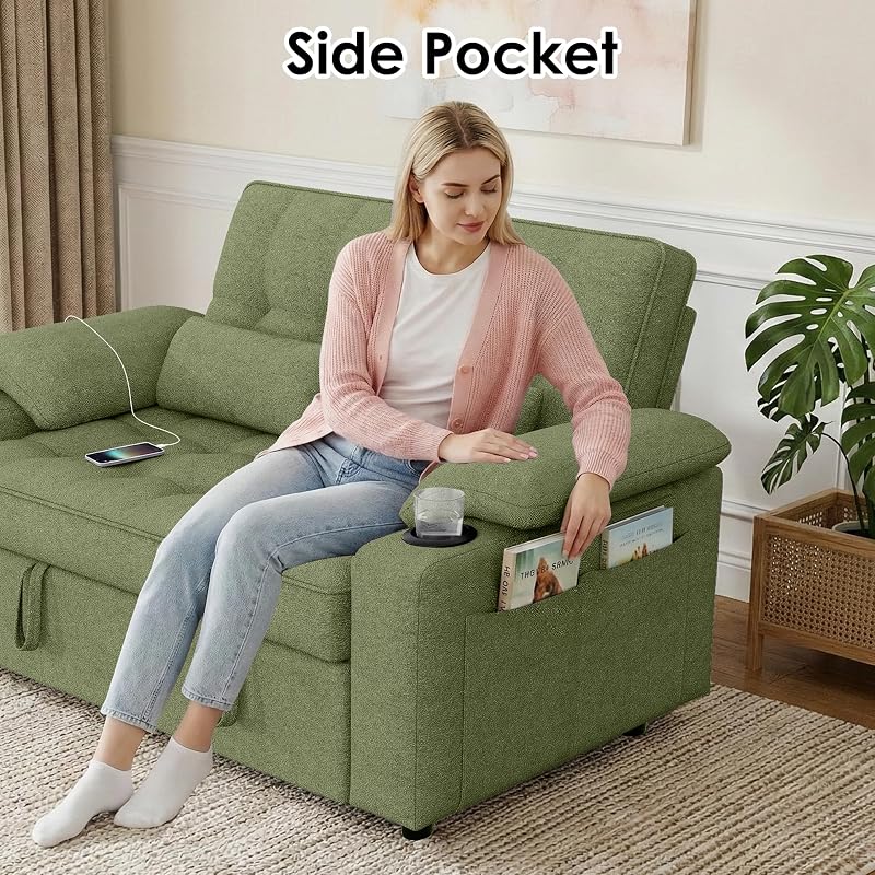 58'' Convertible Sofa Bed with USB Charger and Cup Holders, Teddy Fabric Loveseat Pull Out Couch with Adjustable Backrest and Side Pocket for Small Space (Green) image 5