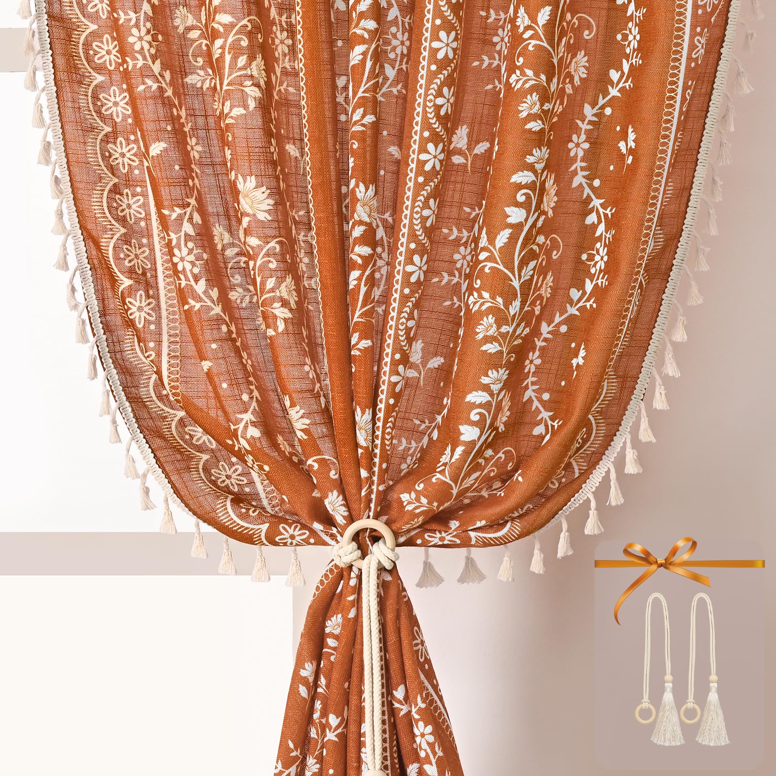 Yinhua Boho Curtains for Living Room 84 Inch Length Vintage Linen Orange Curtains for Bedroom Light Filtering Floral Window Curtain Rod Pocket &amp; Back Tabs Farmhouse Rustic Tassel Drapes with Tiebacks