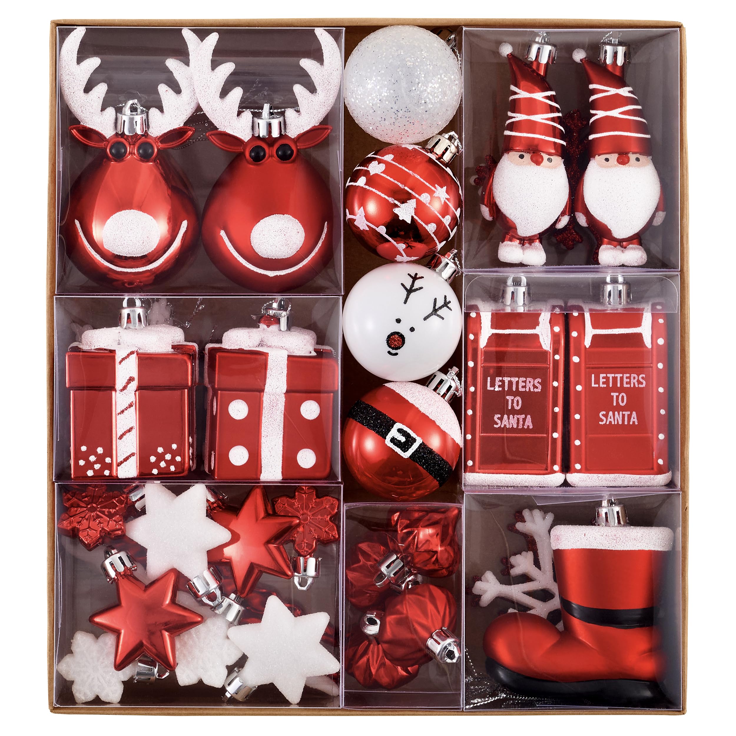 Victor's Workshop Lot de 50 boules de Noël en plastique avec crochet de suspension - Décoration de Noël - Rouge et blanc - Thème M