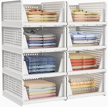 HOMIDEC Wardrobe Storage Organiser, 8 Pack Stackable Storage Baskets Boxes | Folding Storage Drawers, Plastic Cupboard Organiser, Shleves for Clothes Bedroom Wardrobe Closet, White