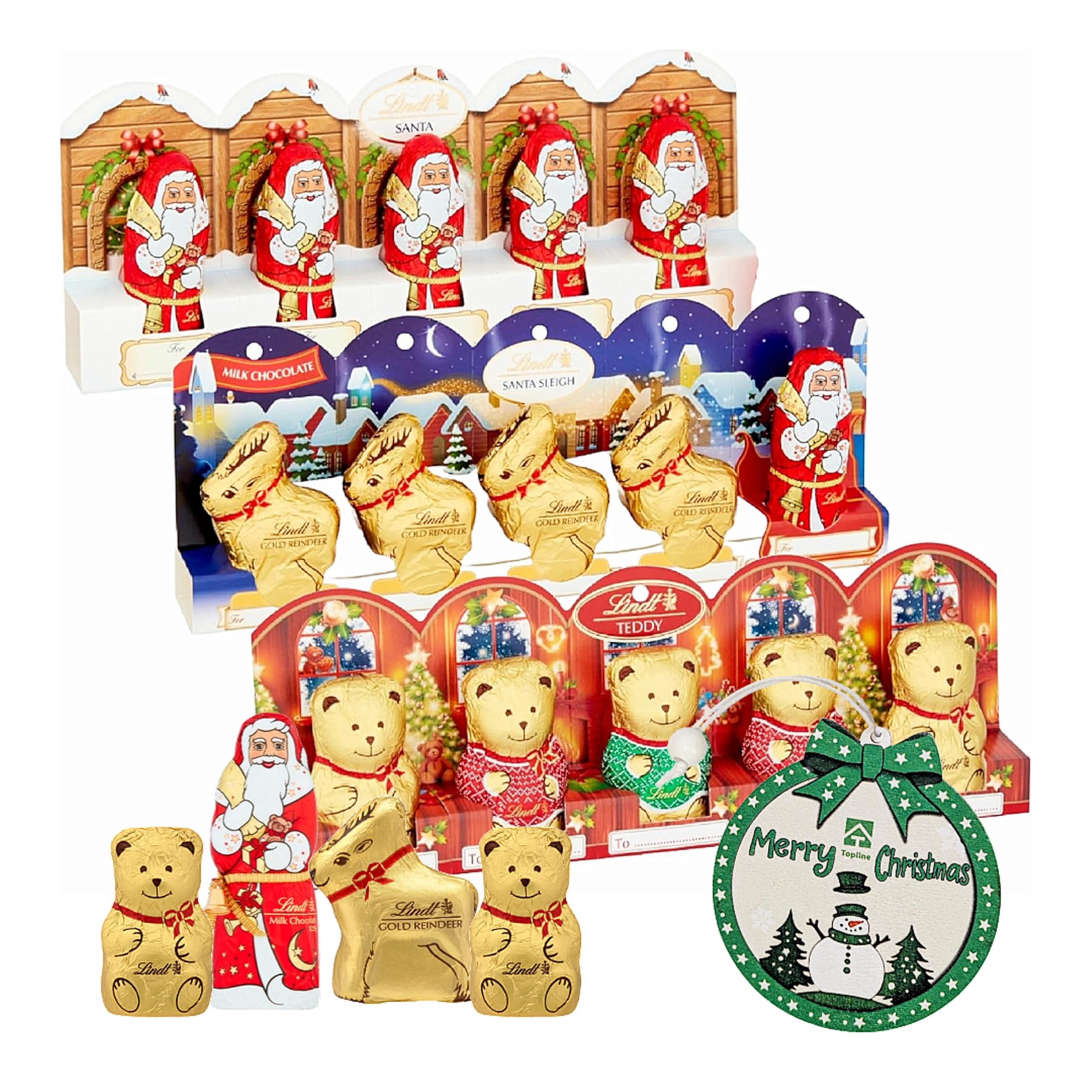 Lindt Christmas Chocolate Gifts for Kids - Milk Chocolate Pack of 3 x 50g Santa Sleigh, Golden Teddy's & Santa Chocolate Bulk Buy & Tree Decoration for Christmas Gifts, Stocking Fillers