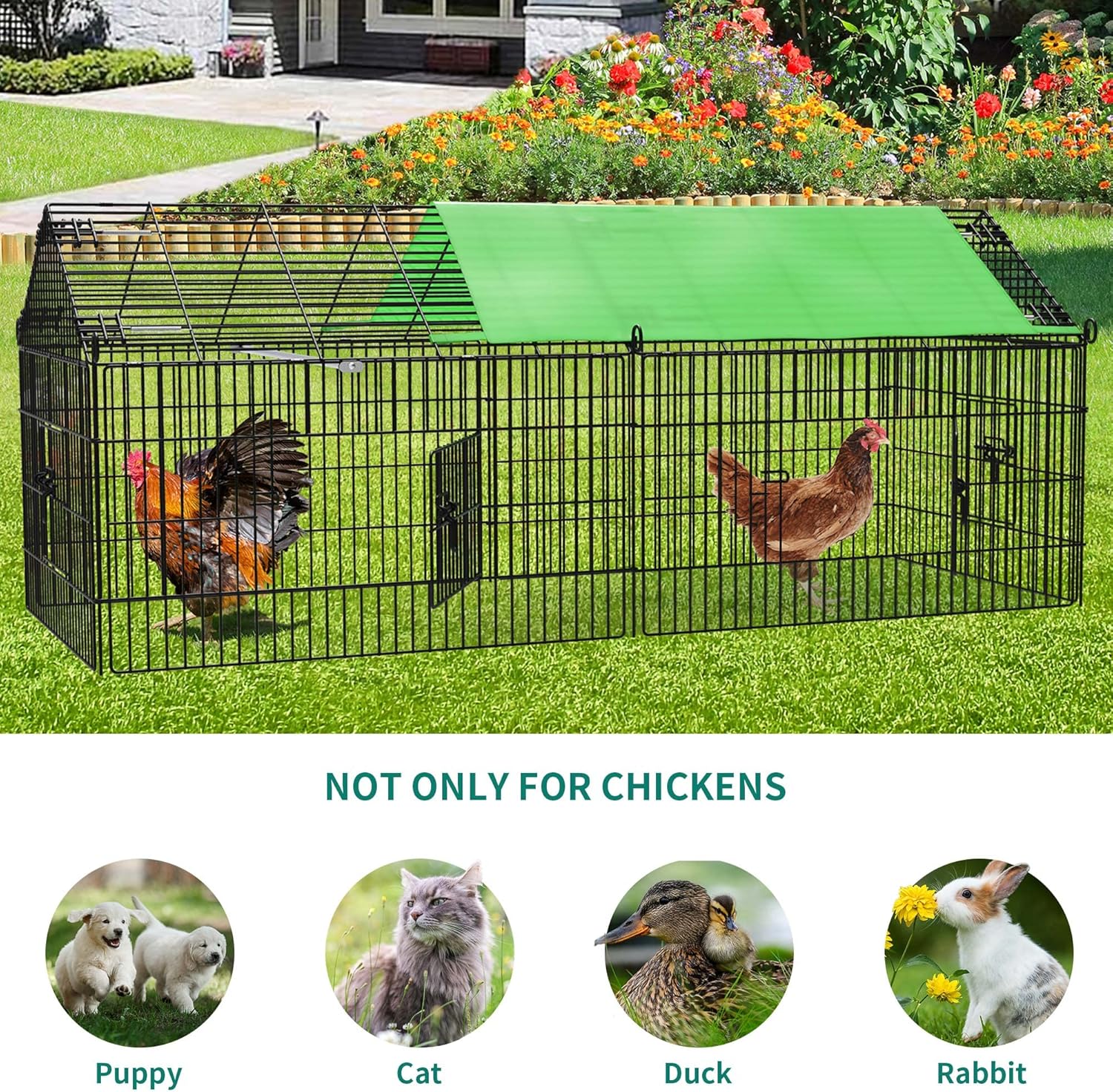 Large Black Metal Chicken Coop with Green Weatherproof Cover
